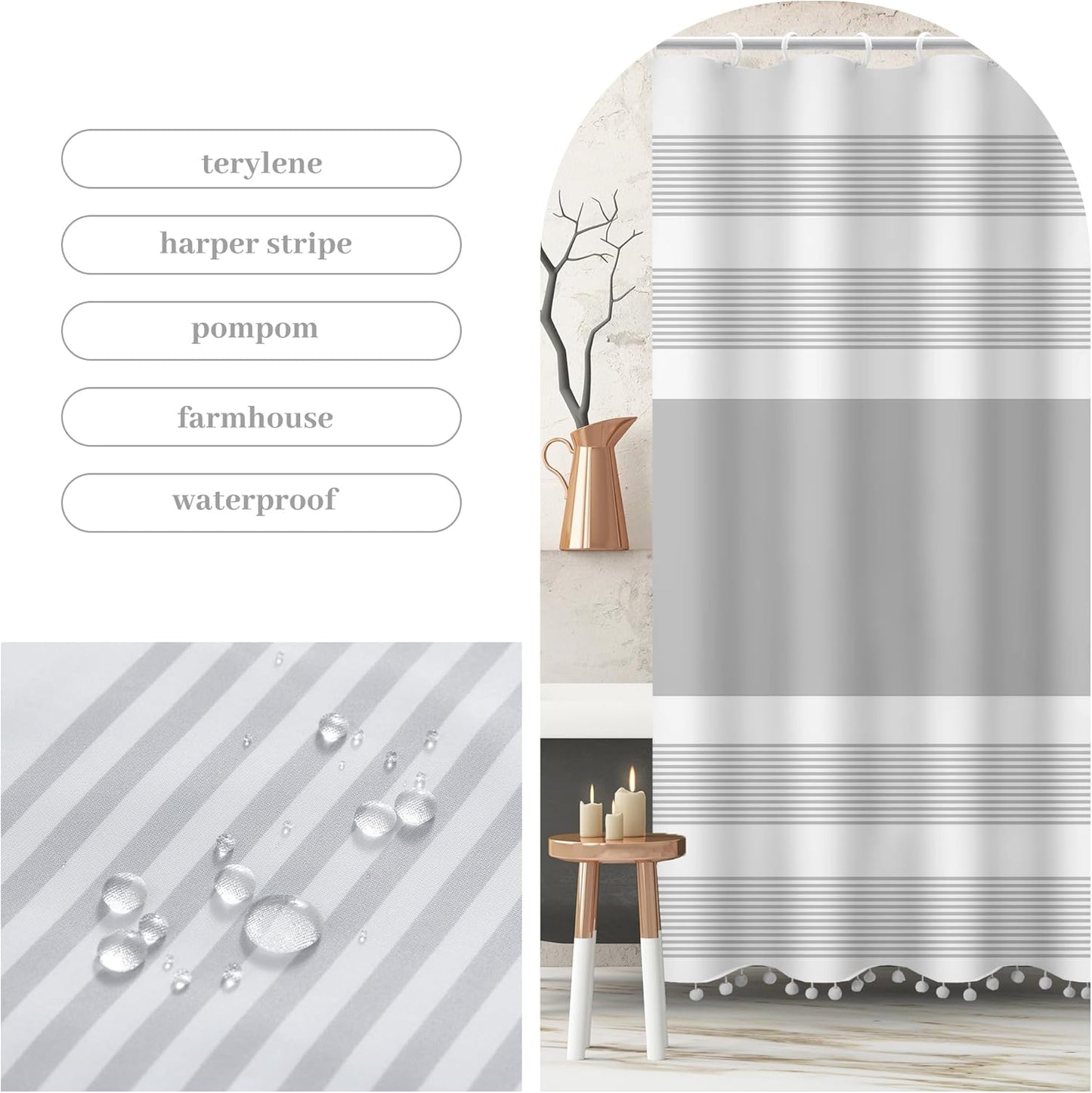 Luxury Fabric Farmhouse Grey Shower Curtain Gray with Pompom Linen Boho Modern Classics Striped Curtains for Bathroom