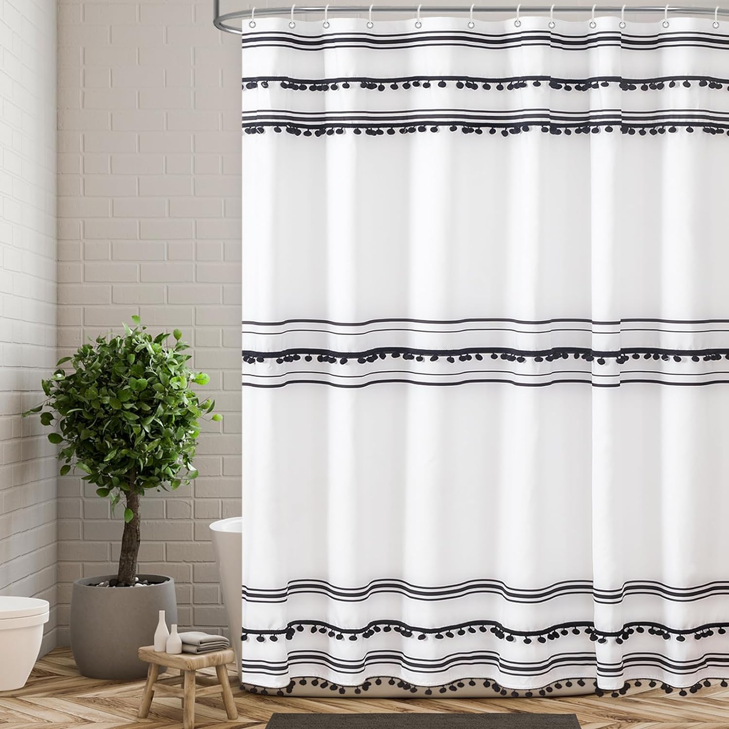Black and White Fabric Shower Curtain Sets with Boho Tassel Pendants