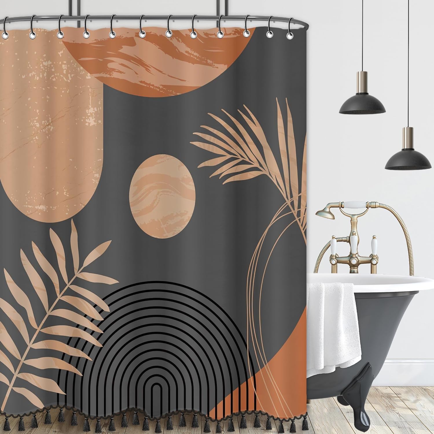 Boho Mid Century Leaf Shower Curtain Luxurious Chocolate Fabric-12 Hooks
