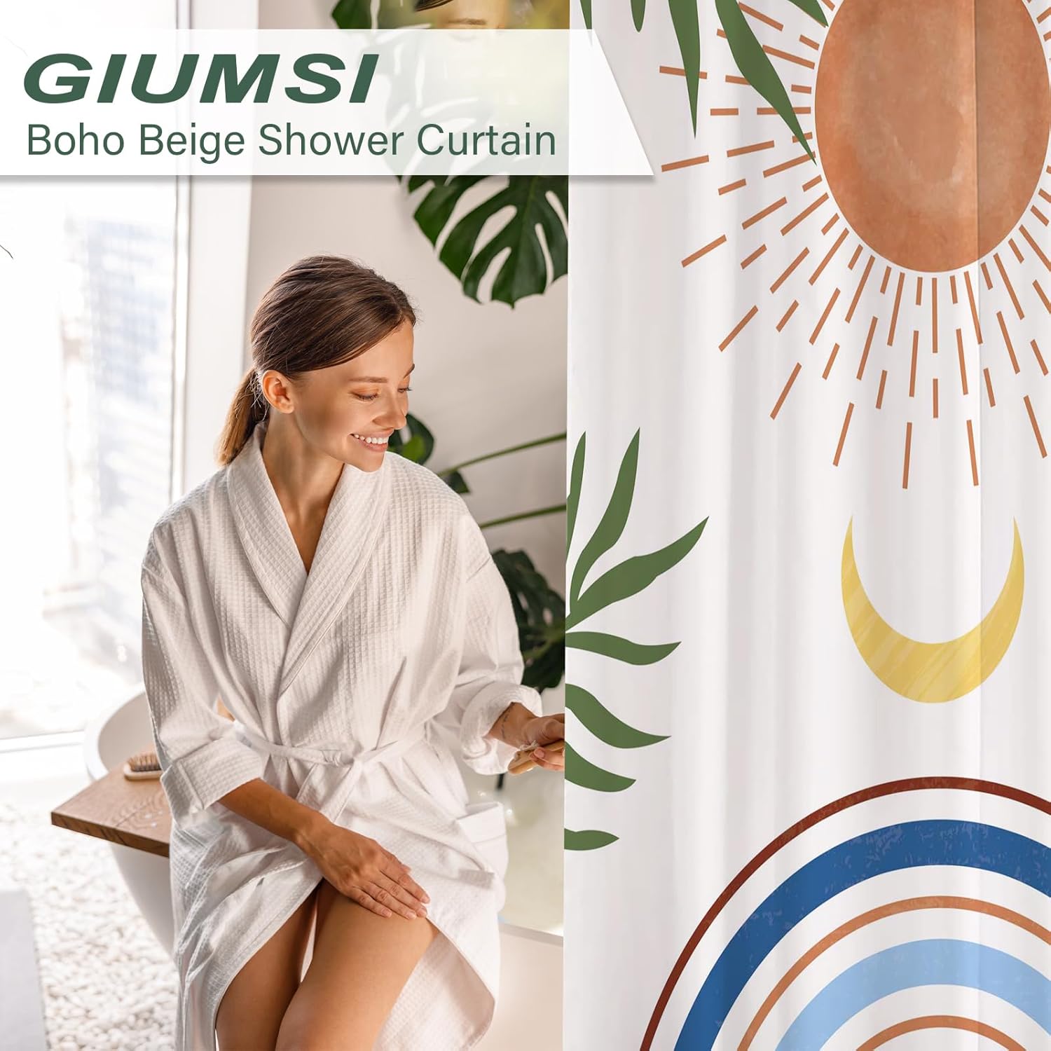 Blue and Beige Boho Shower Curtain Set,Arch Sun Design,Minimalistic Leaves Pattern,Waterproof and Luxurious Fabric-12 Hooks