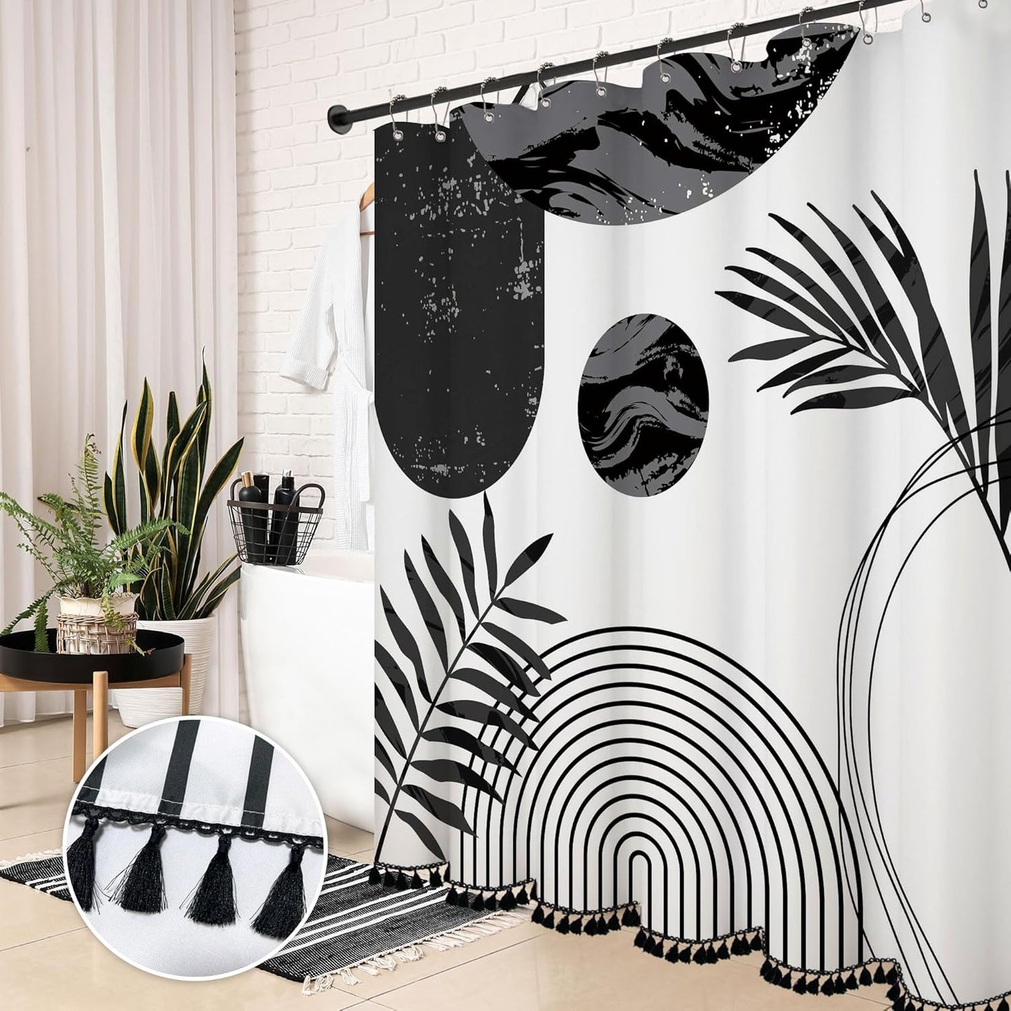 Black and White Boho Shower Curtain Set with Black Tassel Accents and Modern Minimalistic Design Waterproof Polyester,12 Anti Rust Hooks