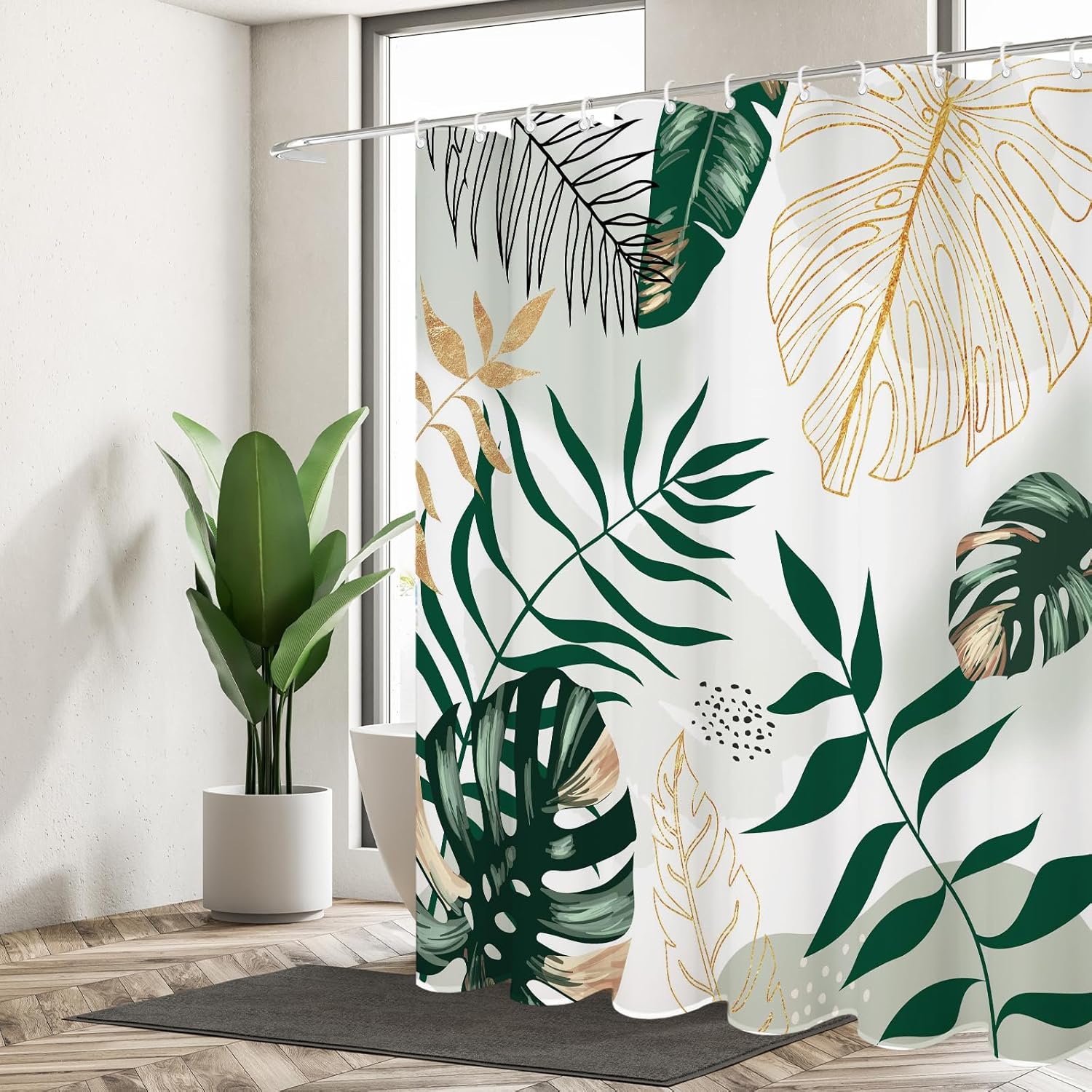 Boho Mid-Century Leaf Shower Curtain Set - Chic Green Abstract Design, Tropical Watercolor, Modern Bathroom Decor with Hooks - Washable Fabric