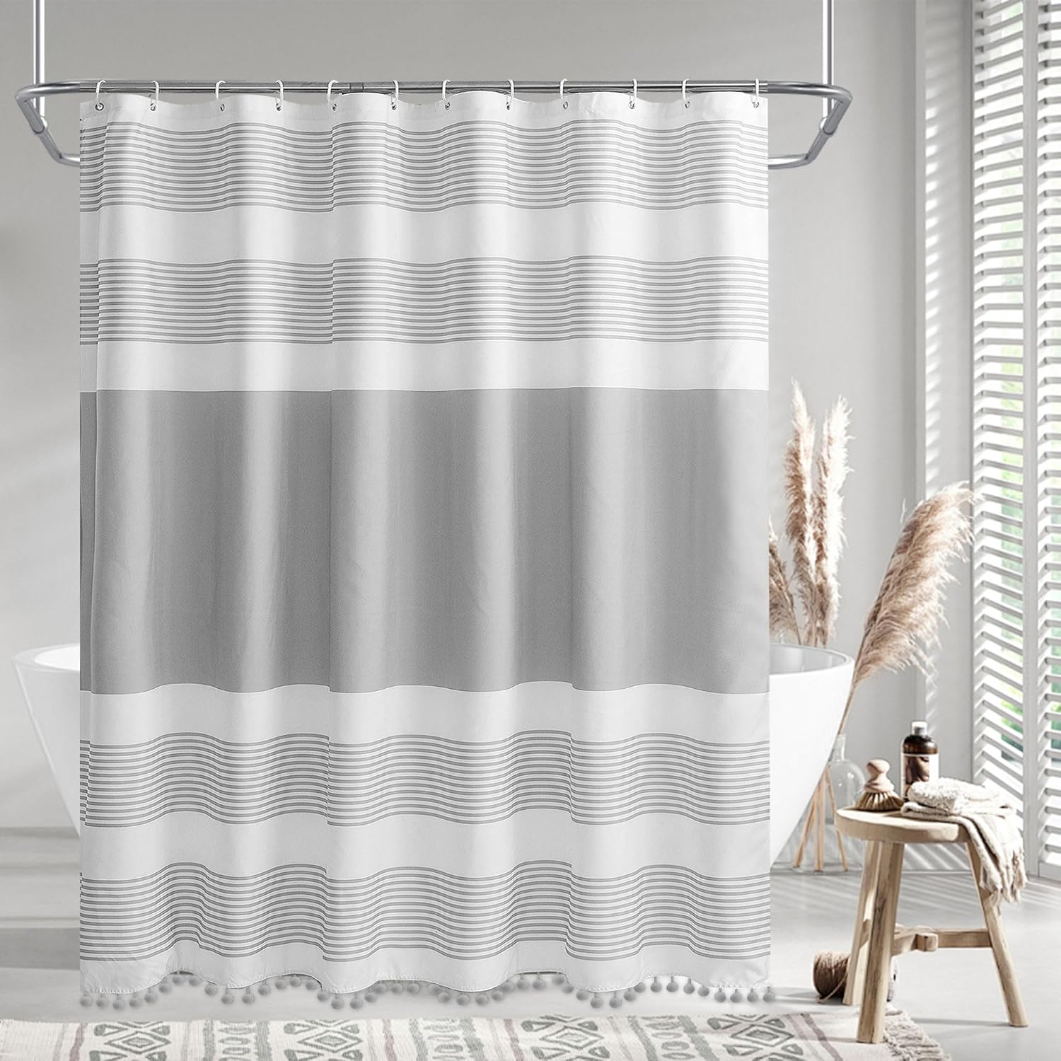 Luxury Fabric Farmhouse Grey Shower Curtain Gray with Pompom Linen Boho Modern Classics Striped Curtains for Bathroom
