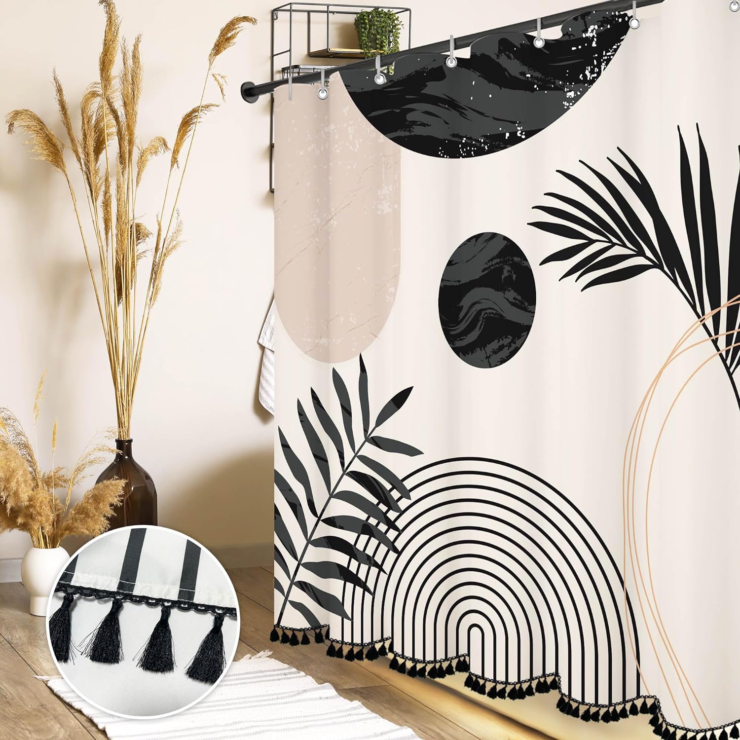 Boho Black and White Mid Century Leaf Shower Curtain Set,Arch Sun Design,Minimalistic Leaves Pattern,Waterproof and Luxurious Fabric-12 Hooks(72" x 72")