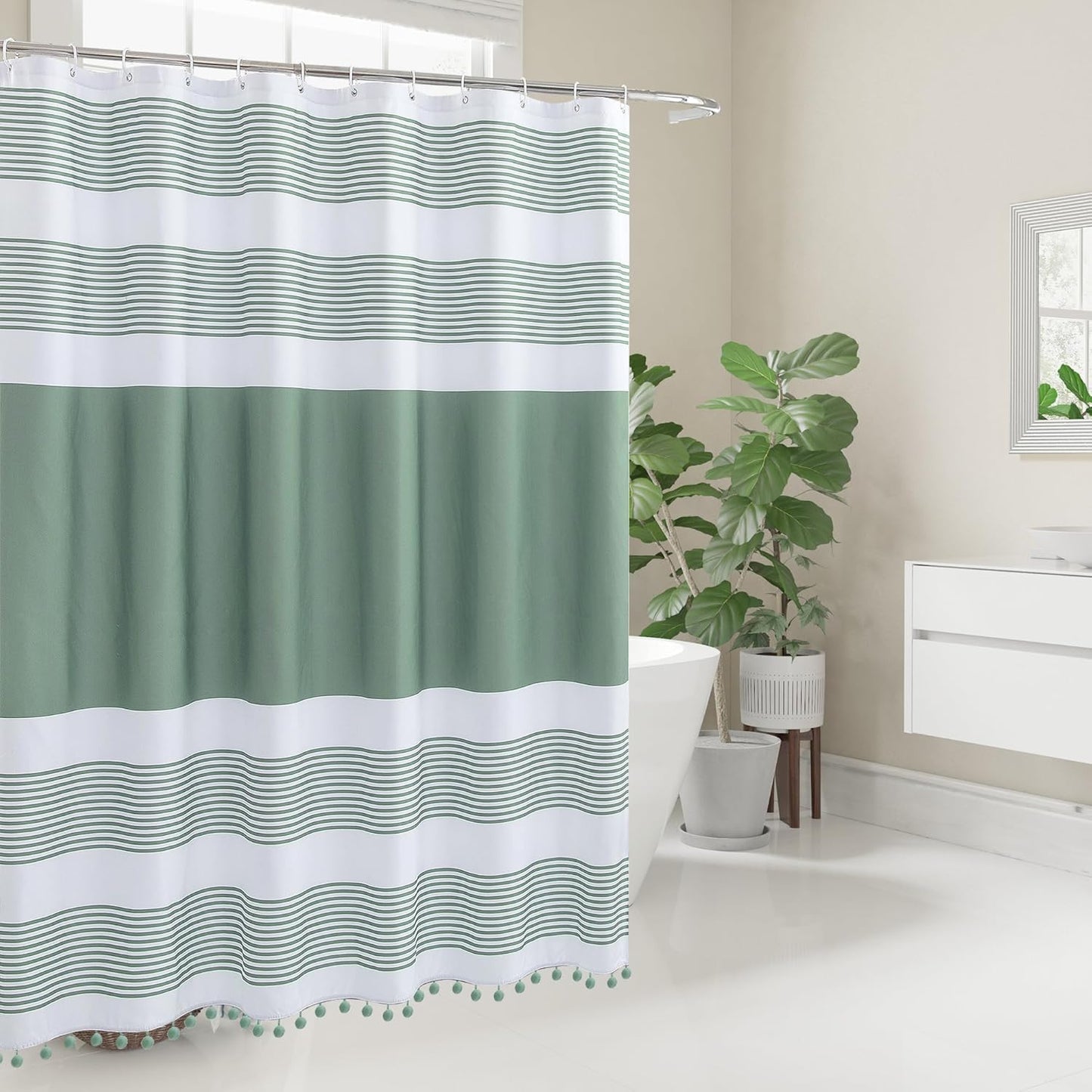 Luxury Fabric Farmhouse Sage Green Shower Curtain Green and White with Pompom Boho Modern Classics Striped Curtains with 12 Hooks Washable for Bathroom