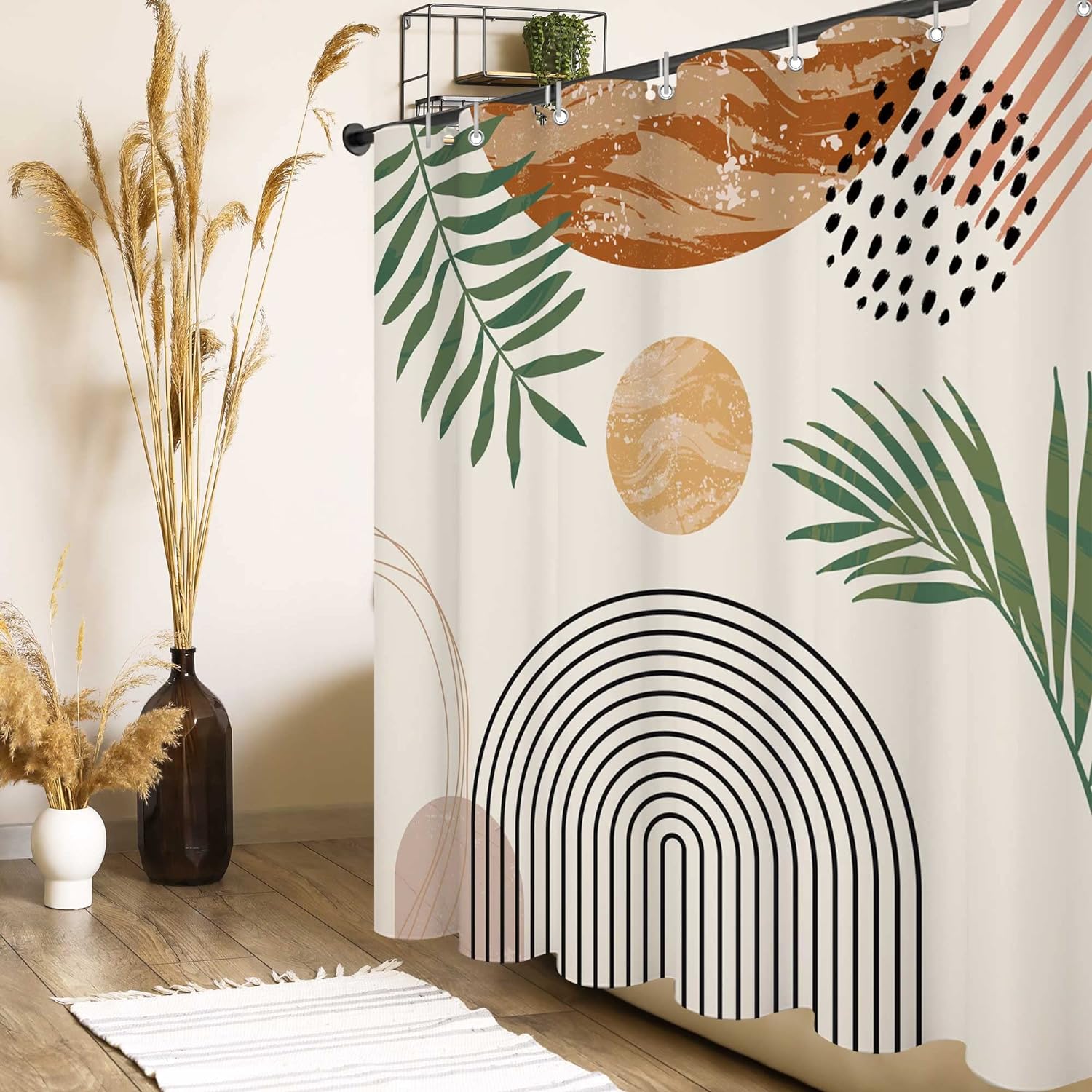 Boho Beige Shower Curtain Sets Mid Century Abstract Sun Modern Rustic Cream Curtains for Bathroom