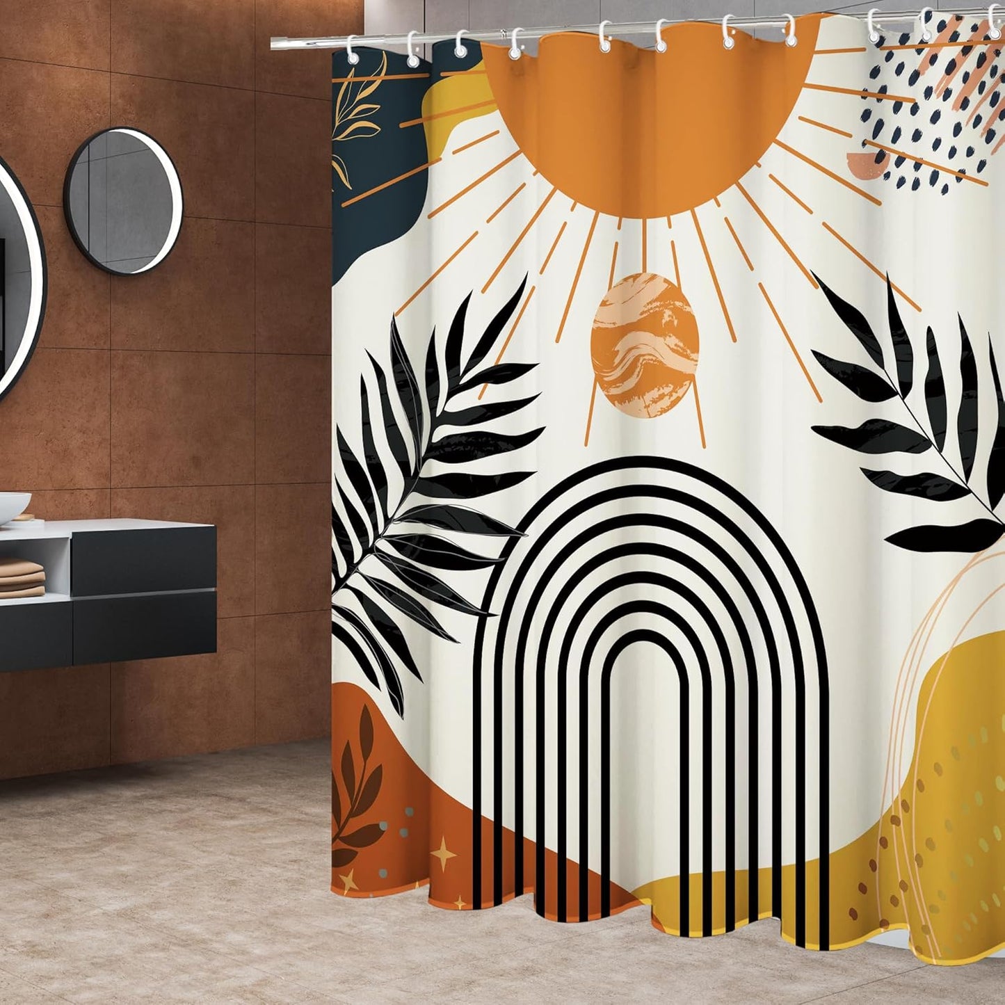 Abstract Tangerine Boho Shower Curtain Set,Arch Sun Design,Sage Green Minimalistic Leaves Pattern,Waterproof and Durable Luxurious Fabric-12 Hooks