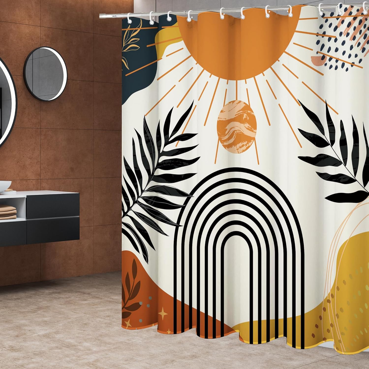 Abstract Tangerine Boho Shower Curtain Set,Arch Sun Design,Sage Green Minimalistic Leaves Pattern,Waterproof and Durable Luxurious Fabric-12 Hooks