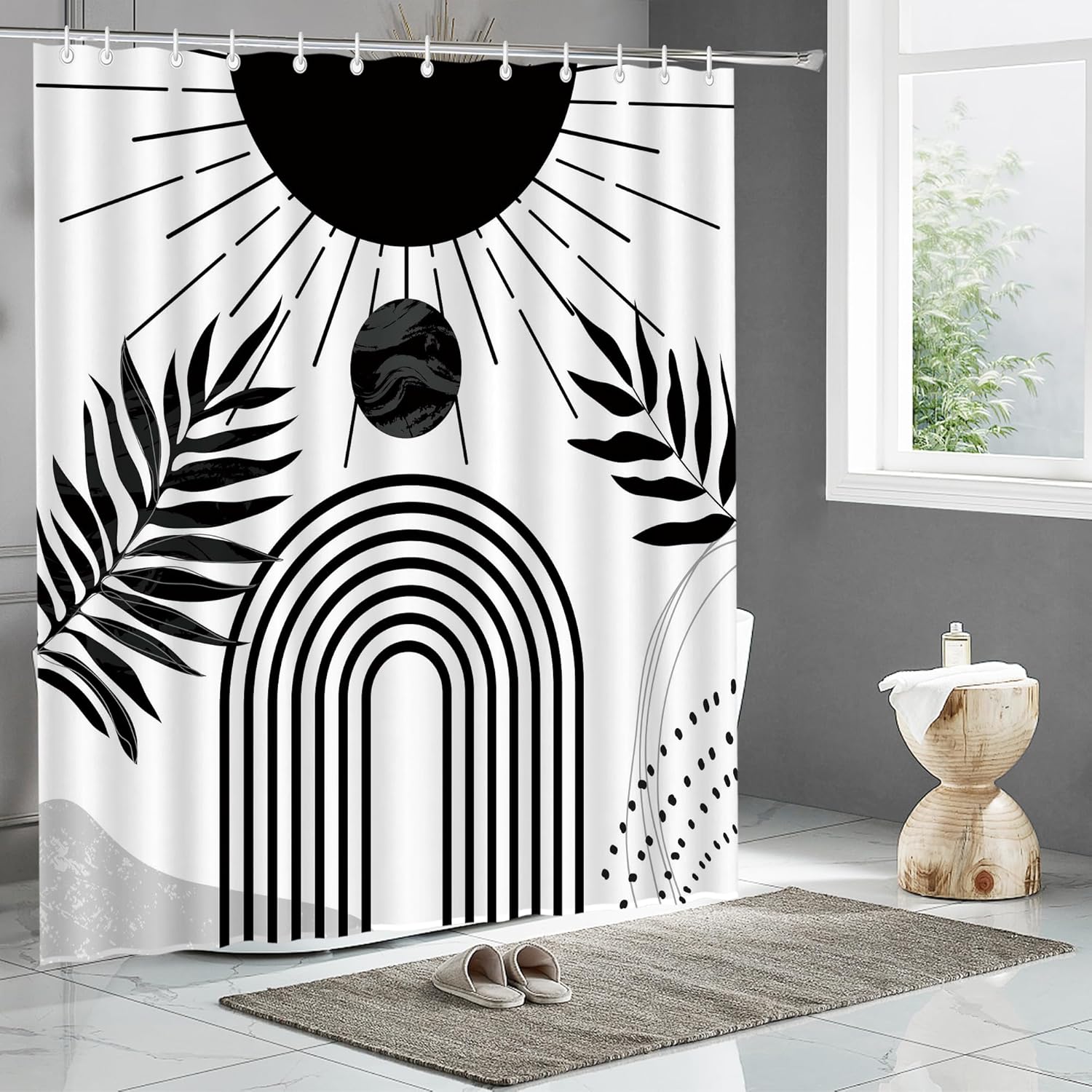 Black and White Boho Shower Curtain Set,Arch Sun Design,Sage Green Minimalistic Leaves Pattern,Waterproof and Durable Luxurious Fabric-12 Hooks