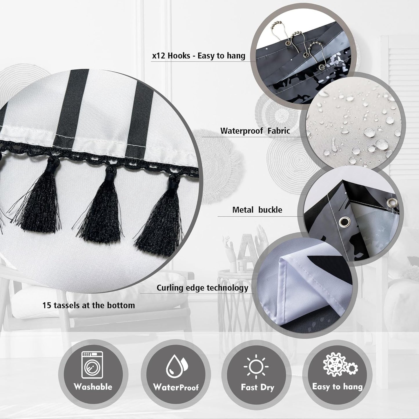 Black and White Boho Shower Curtain Set with Black Tassel Accents and Modern Minimalistic Design Waterproof Polyester,12 Anti Rust Hooks
