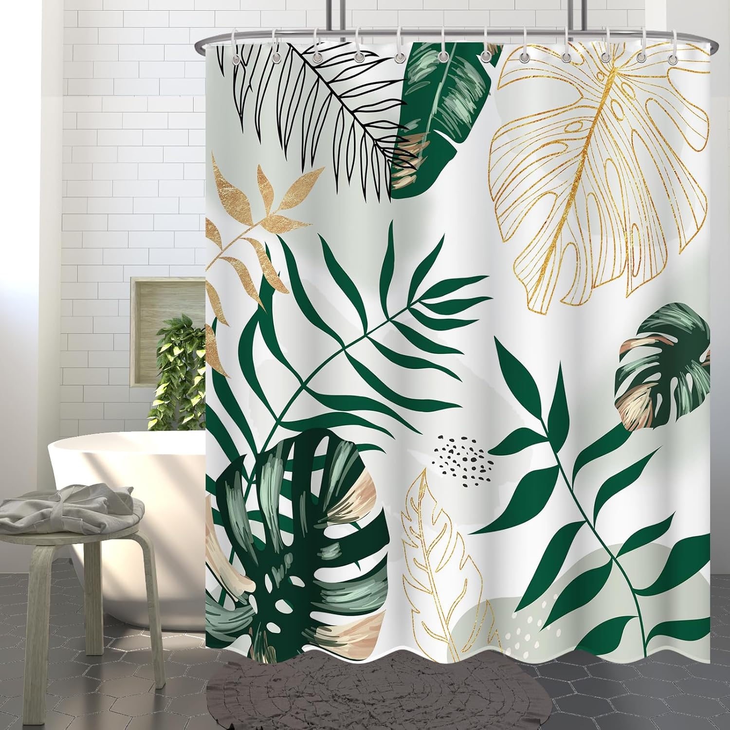 Boho Mid-Century Leaf Shower Curtain Set - Chic Green Abstract Design, Tropical Watercolor, Modern Bathroom Decor with Hooks - Washable Fabric