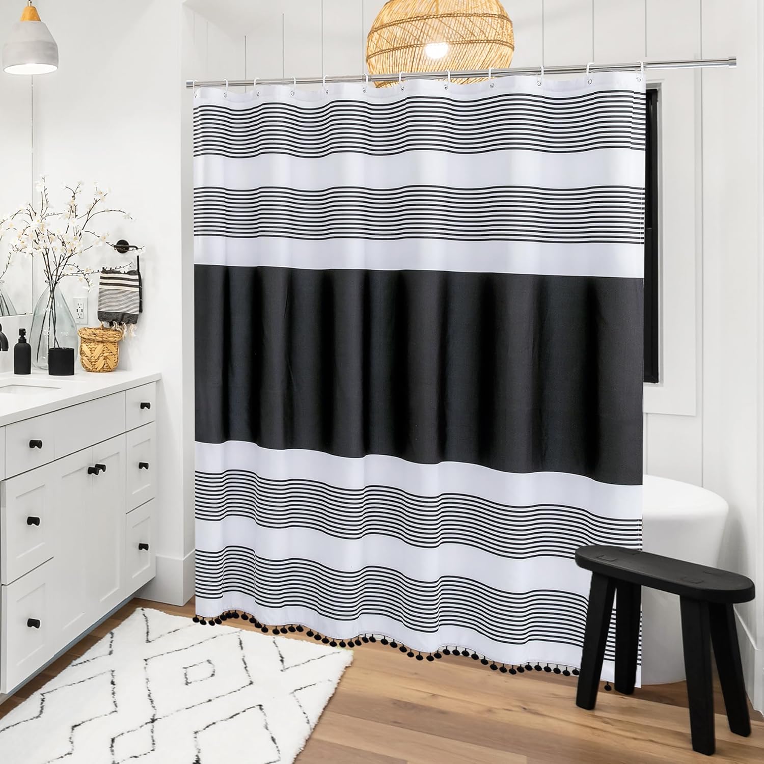 Fabric Luxury Farmhouse Black and White Stripes Curtain with Pompom Linen Black Boho Modern Classics Striped Curtains for Bathroom