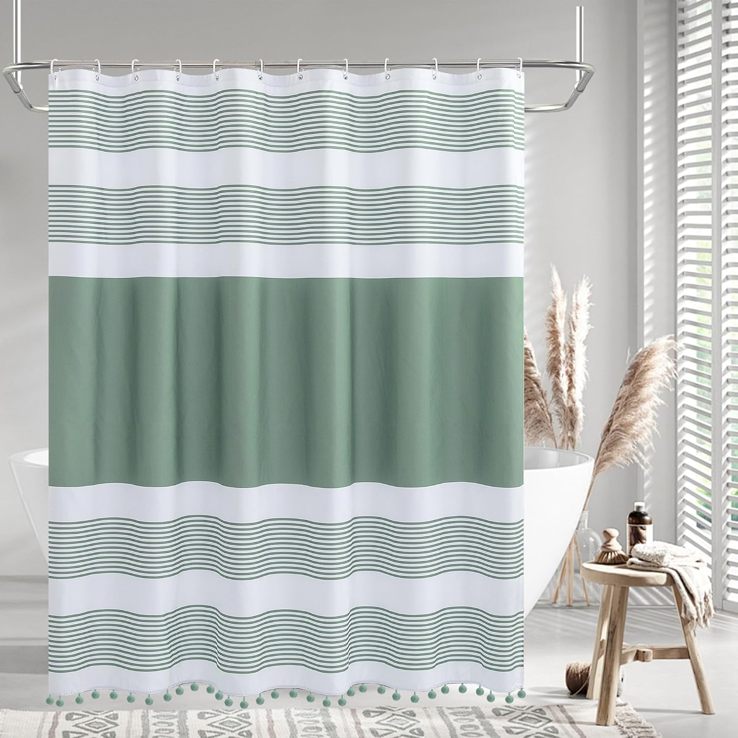 Luxury Fabric Farmhouse Sage Green Shower Curtain Green and White with Pompom Boho Modern Classics Striped Curtains with 12 Hooks Washable for Bathroom
