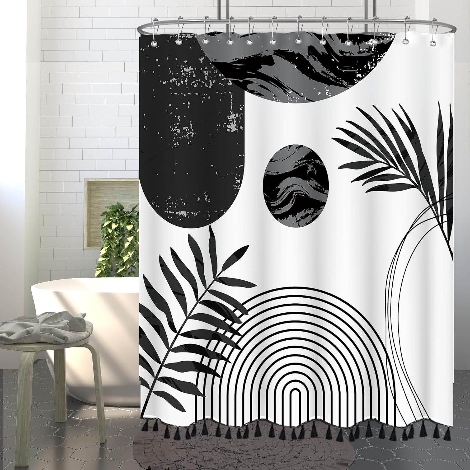 Black and White Boho Shower Curtain Set with Black Tassel Accents and Modern Minimalistic Design Waterproof Polyester,12 Anti Rust Hooks