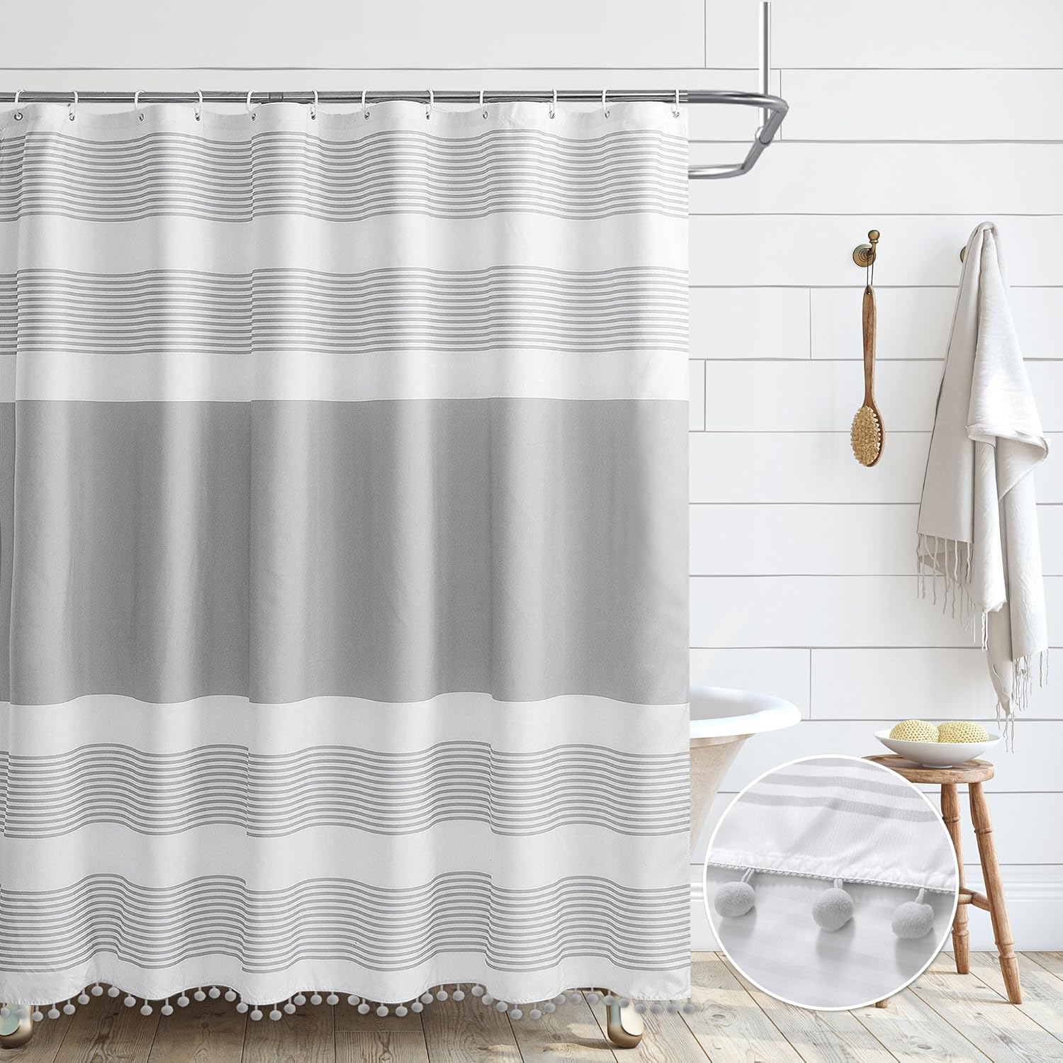 Luxury Fabric Farmhouse Grey Shower Curtain Gray with Pompom Linen Boho Modern Classics Striped Curtains for Bathroom