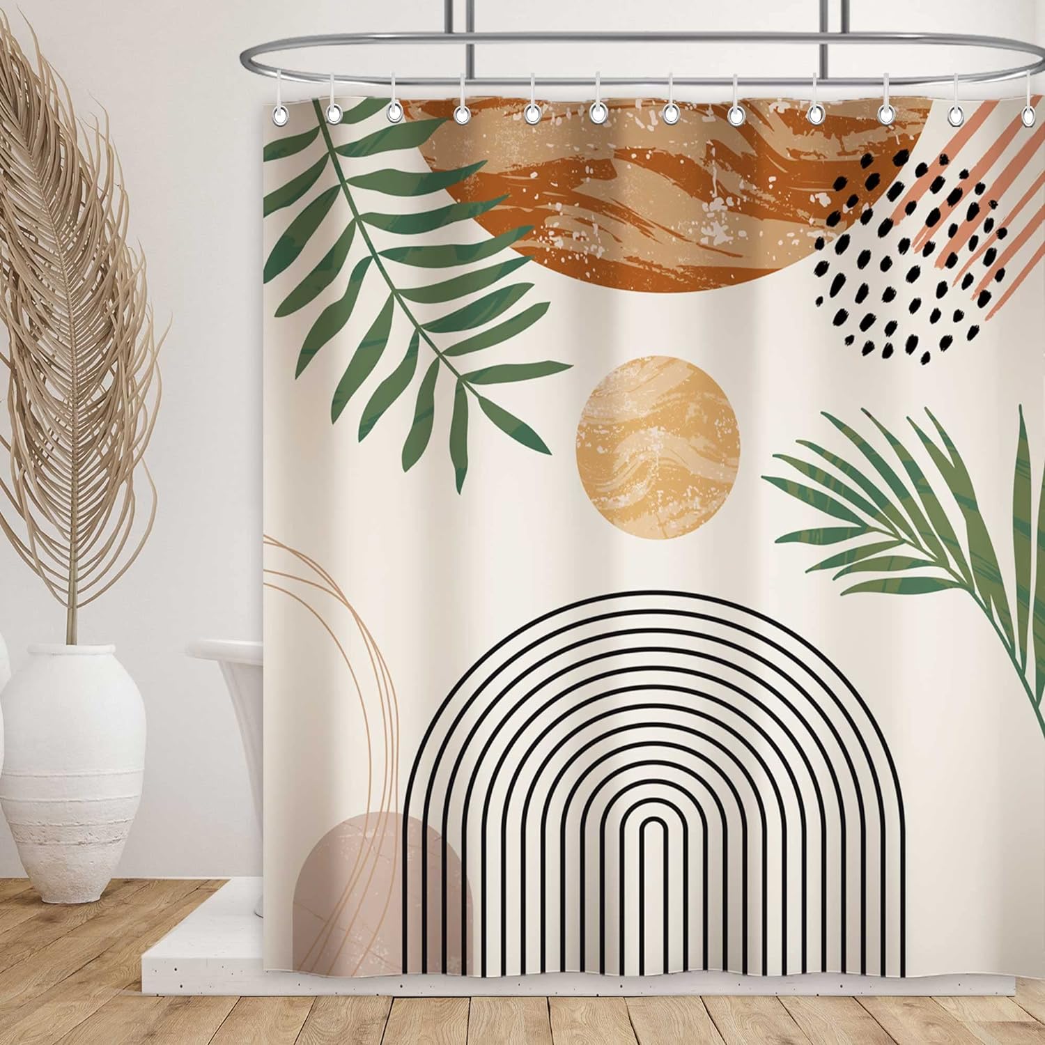Boho Beige Shower Curtain Sets Mid Century Abstract Sun Modern Rustic Cream Curtains for Bathroom