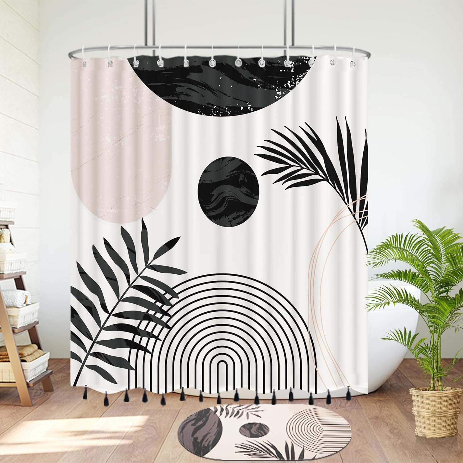 Boho Black and White Mid Century Leaf Shower Curtain Set,Arch Sun Design,Minimalistic Leaves Pattern,Waterproof and Luxurious Fabric-12 Hooks(72" x 72")