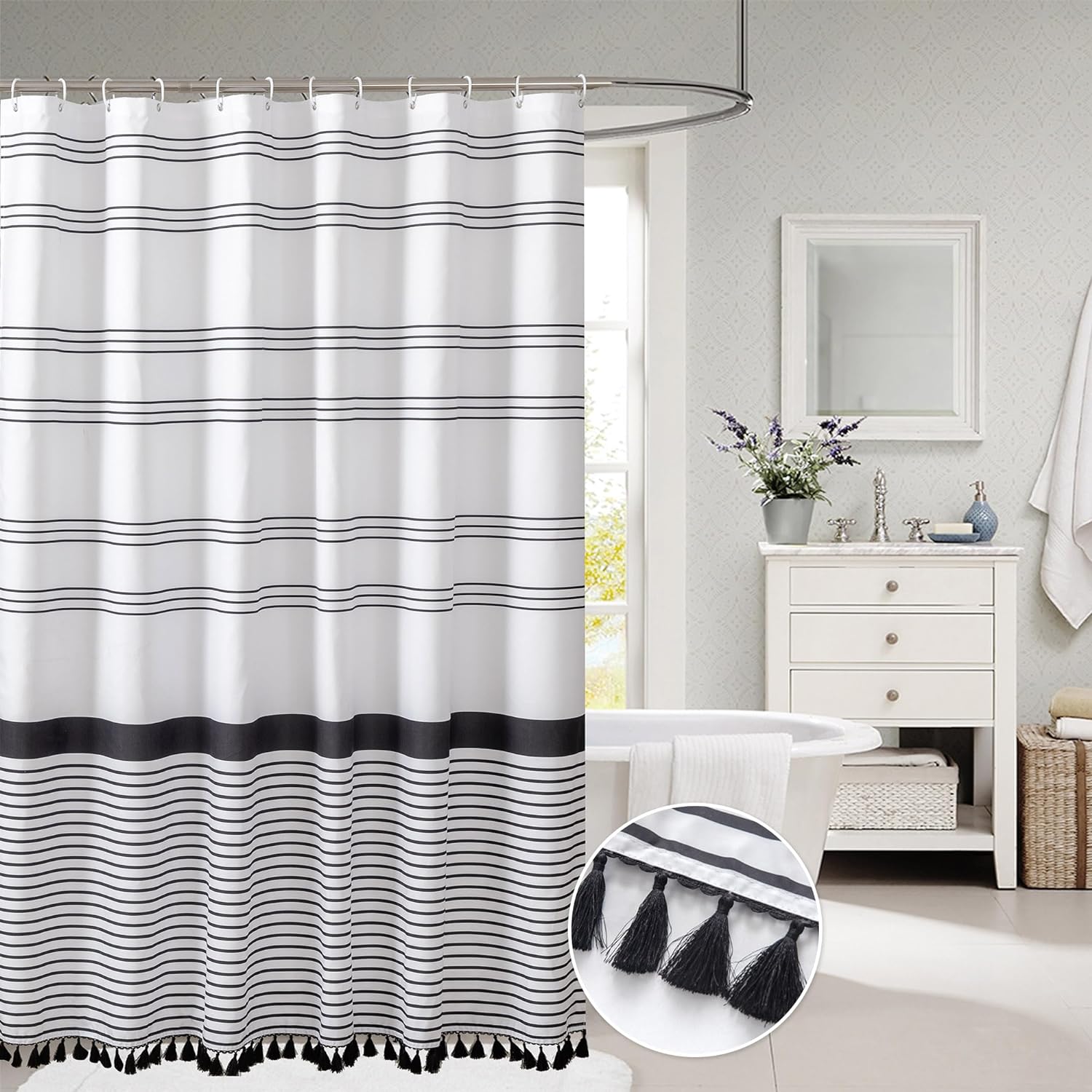Microfiber Soft Fabric Waterproof Shower Curtain Farmhouse Black and White Striped Sets with Black Boho Tassels Modern Classics Curtains for Bathroom