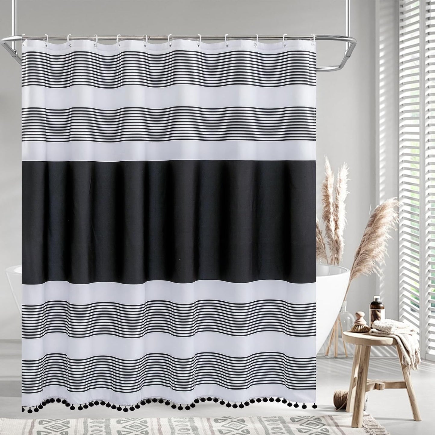Fabric Luxury Farmhouse Black and White Stripes Curtain with Pompom Linen Black Boho Modern Classics Striped Curtains for Bathroom