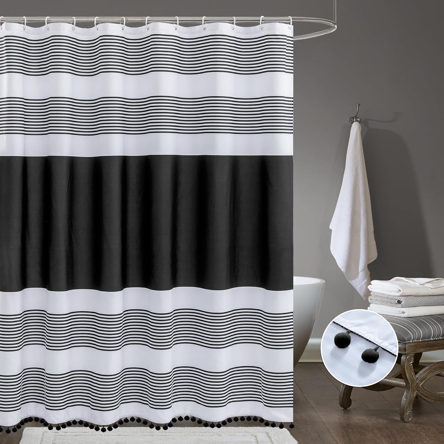 Fabric Luxury Farmhouse Black and White Stripes Curtain with Pompom Linen Black Boho Modern Classics Striped Curtains for Bathroom