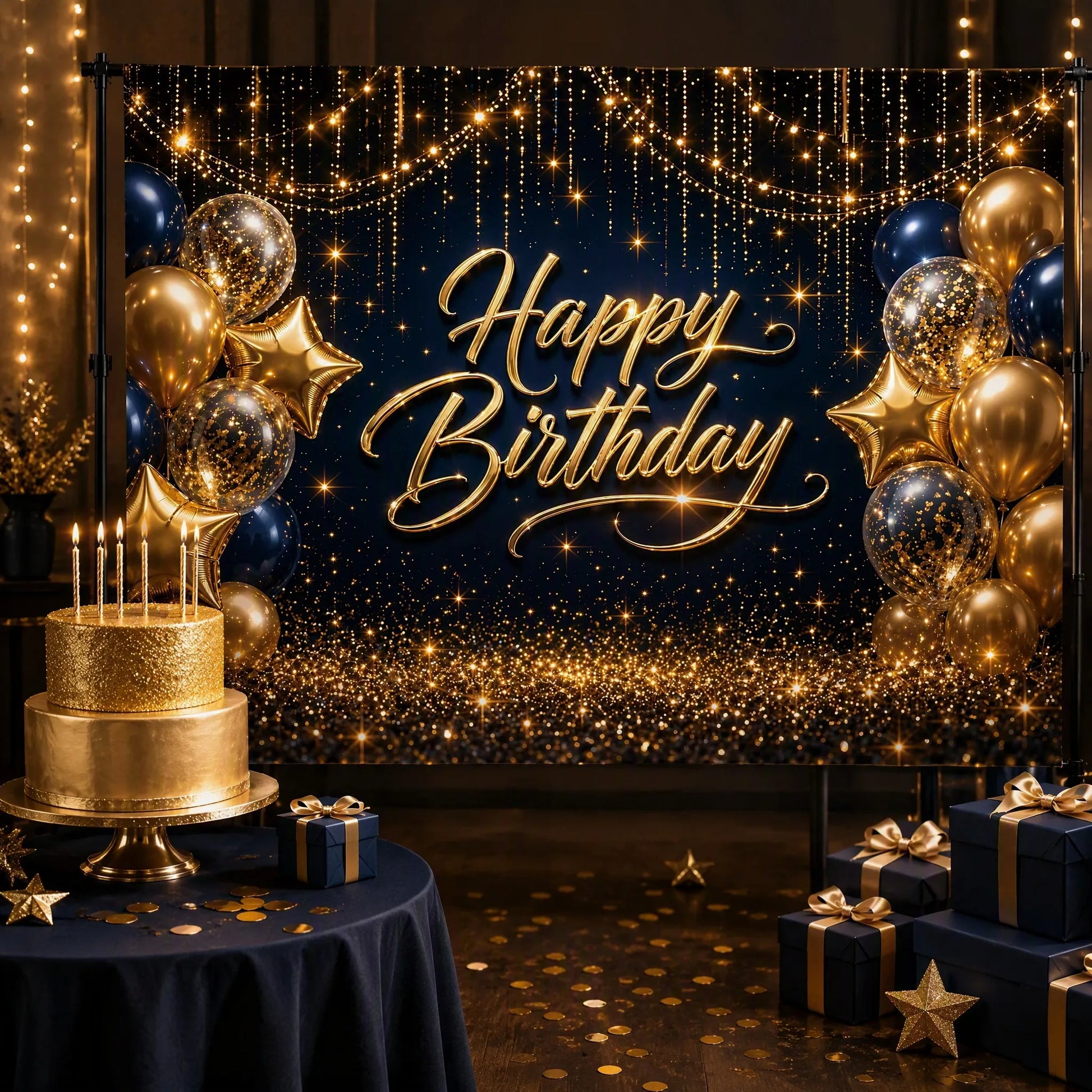 Navy Blue and Gold Birthday Party Photo Booth Scene