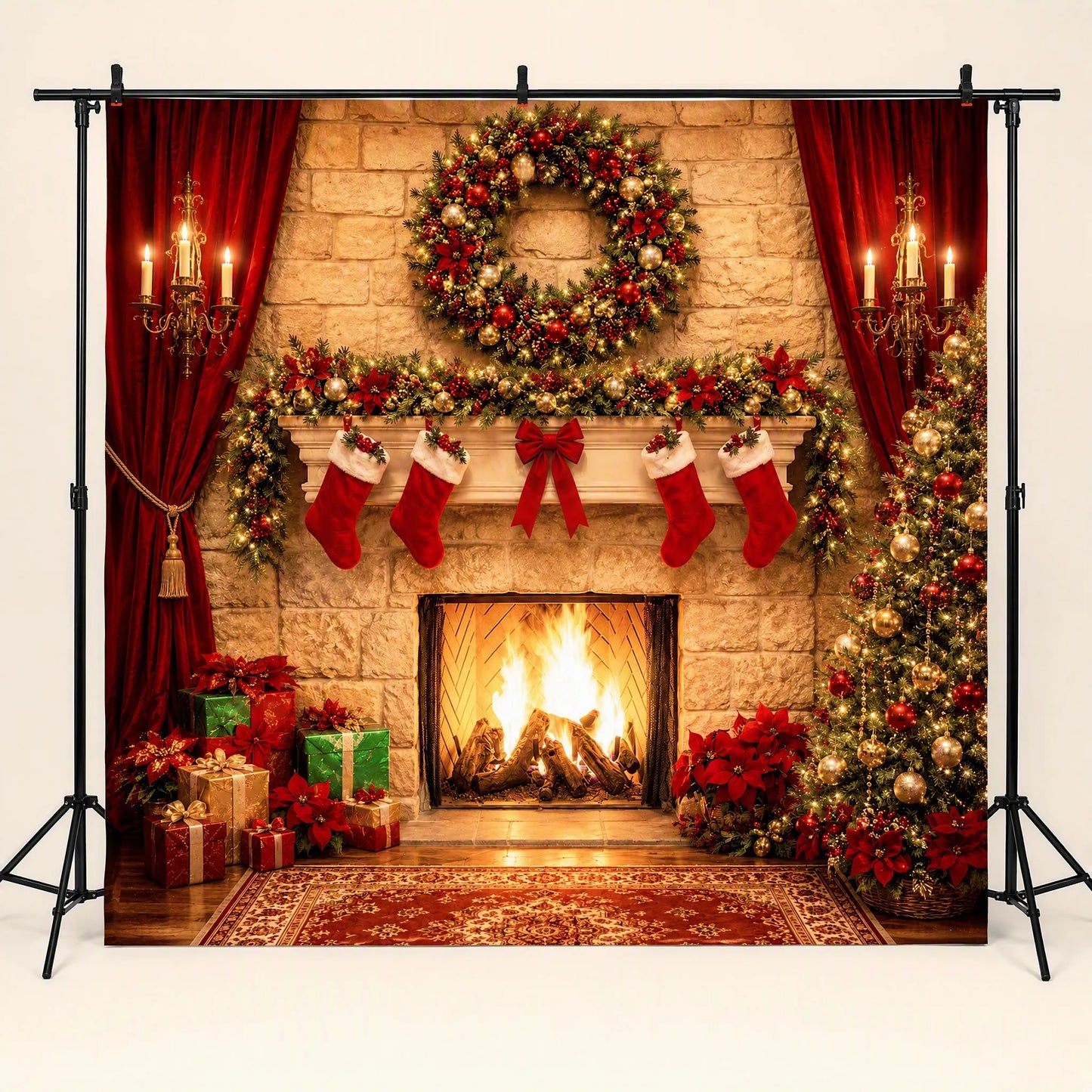 Christmas Fireplace Photo Backdrop - Cozy Holiday Living Room | 3 Sizes