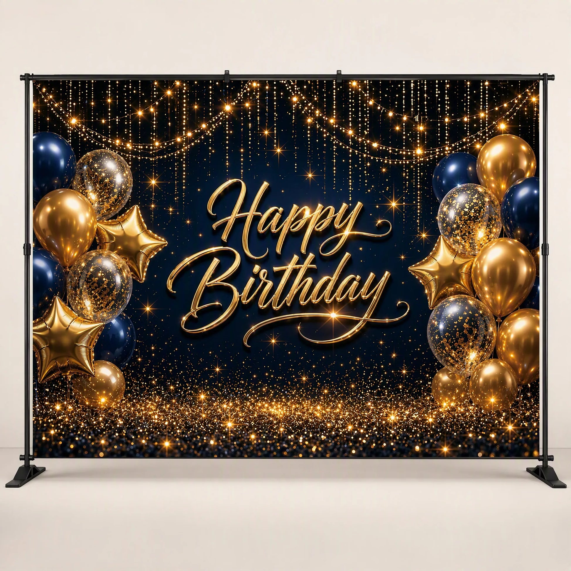 Navy Blue and Gold Happy Birthday Backdrop - Studio Hero