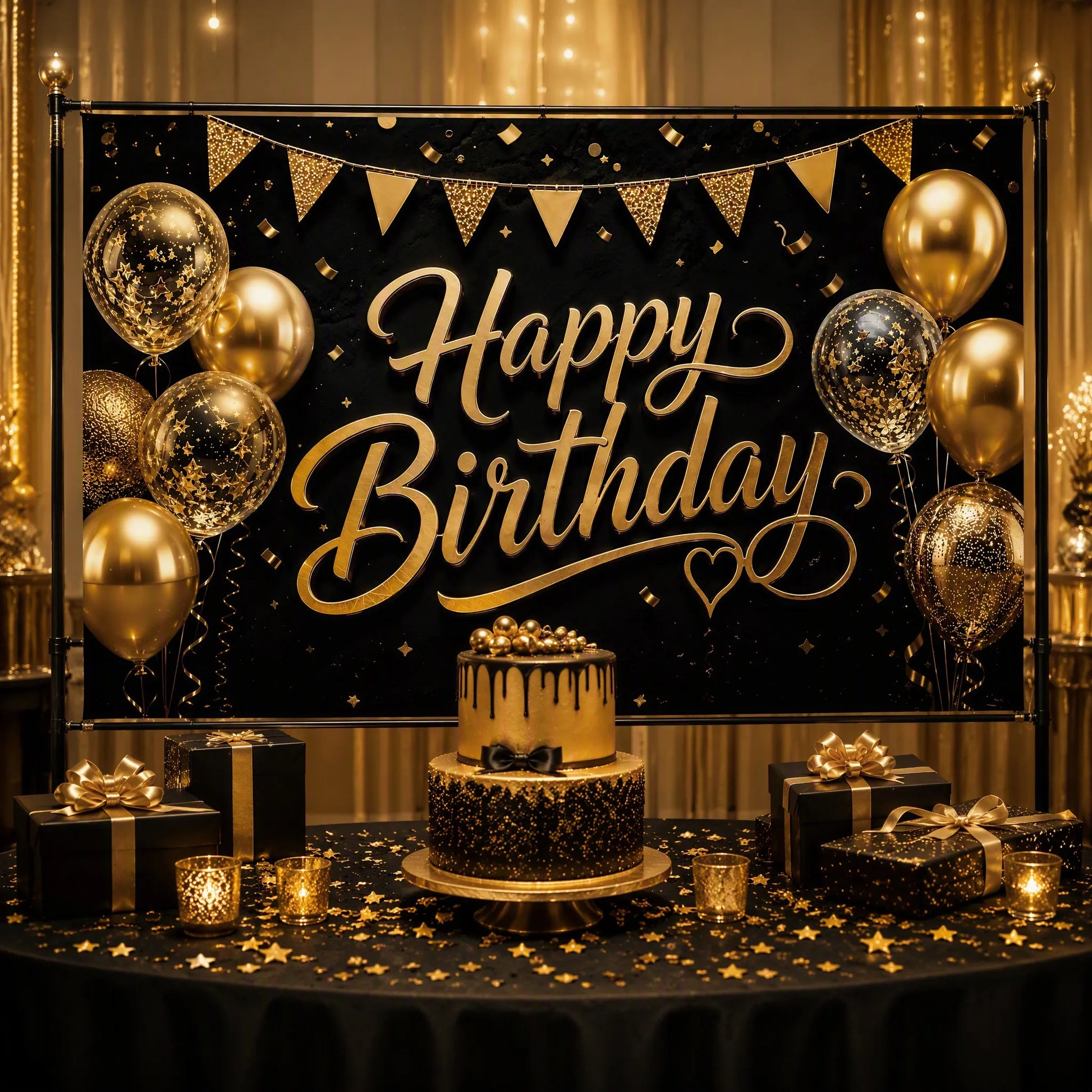 Gold Glam Luxury Party Scene with Cake and Gifts
