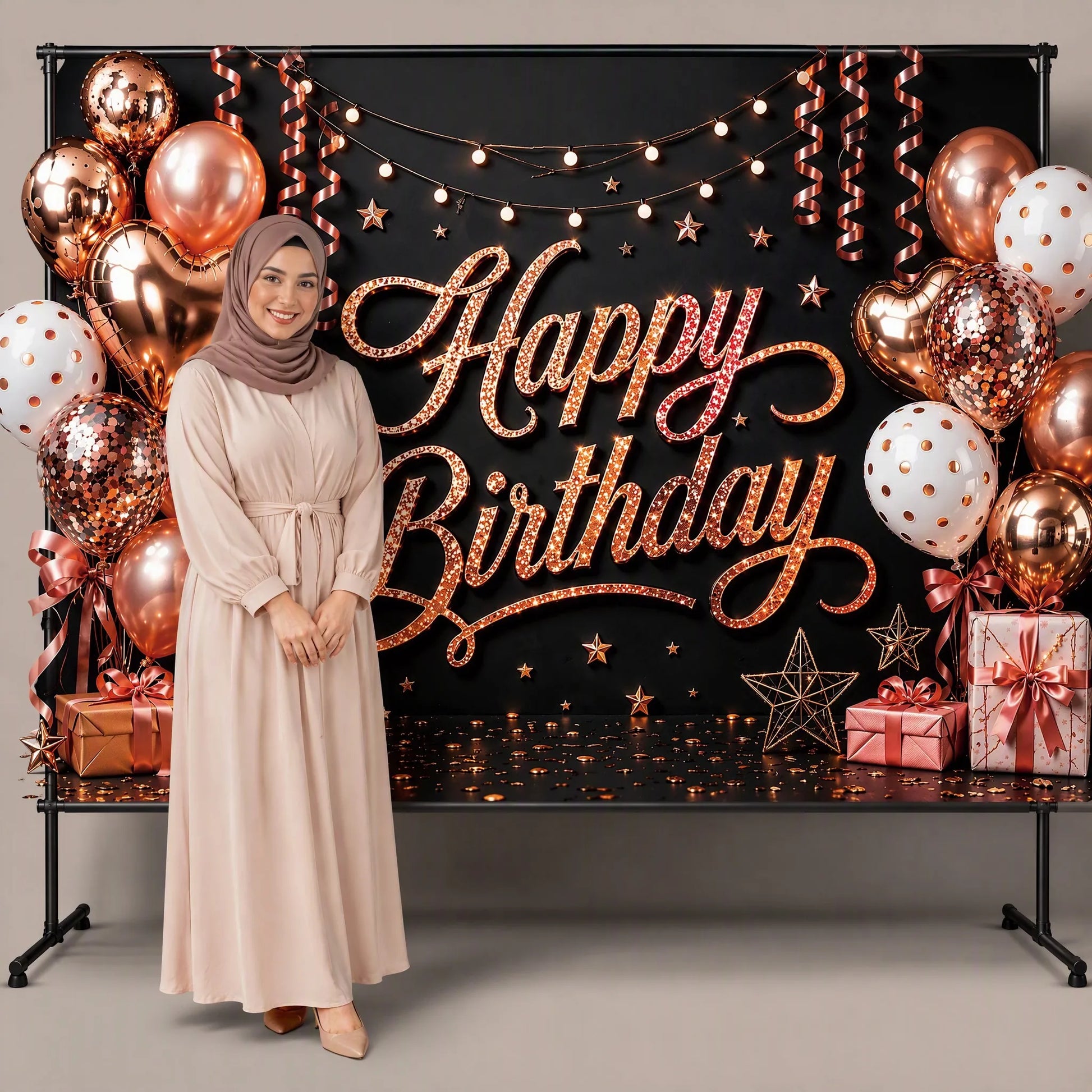 Gold Silver Glam Backdrop with Model at Party