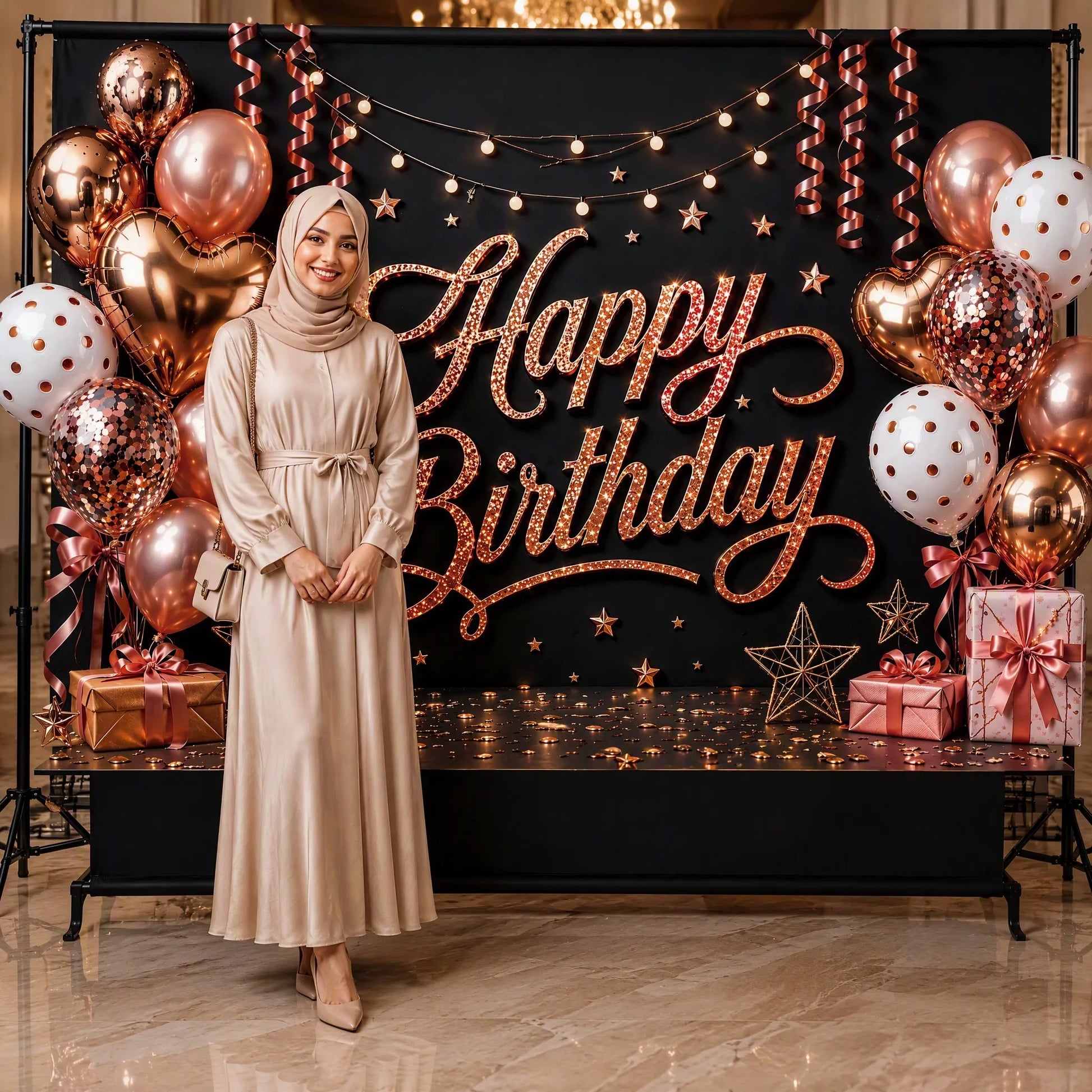 Luxe Rose Gold Backdrop with Model at Glam Party