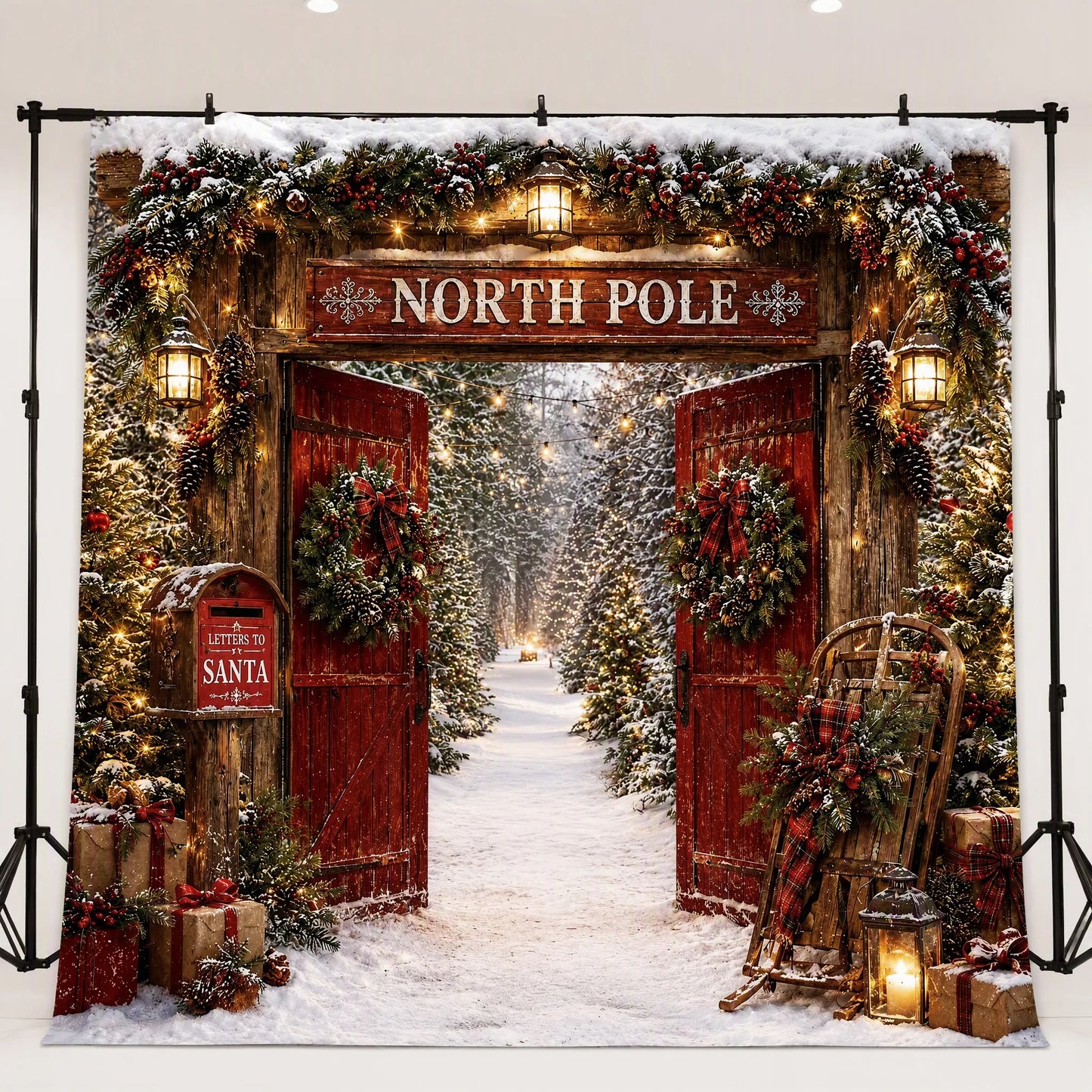 North Pole Gateway Photo Backdrop - Christmas Barn Door Scene | 3 Sizes