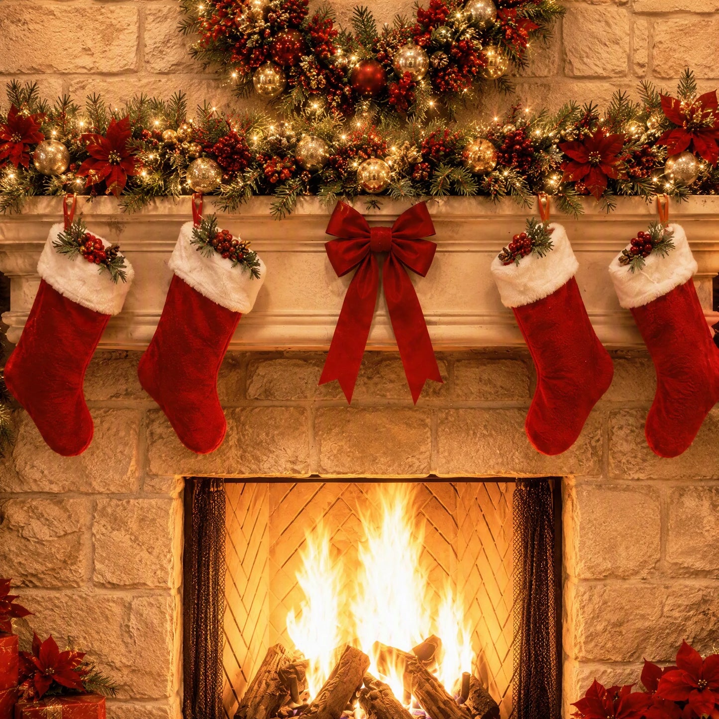 Close-up Detail Christmas Fireplace Backdrop