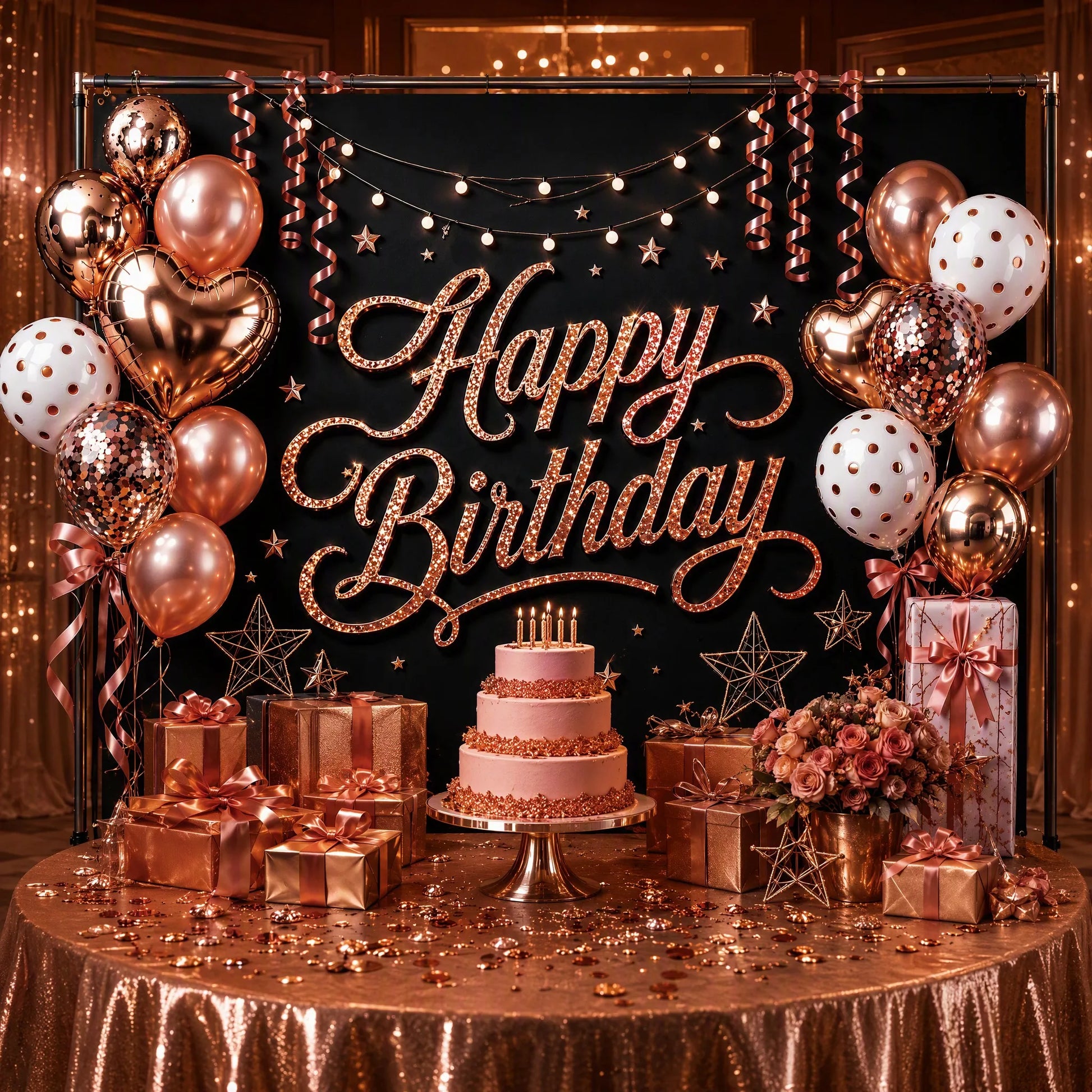 Luxe Rose Gold Party Scene with Cake and Gifts