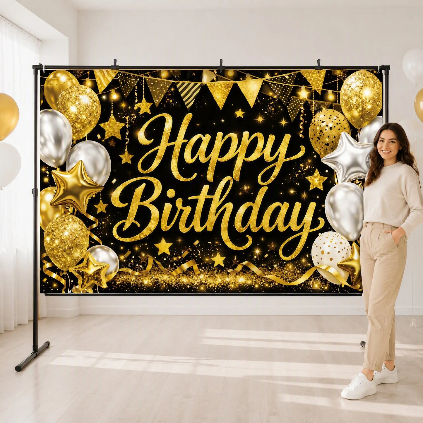 Gold and Silver Backdrop Size Reference with Person