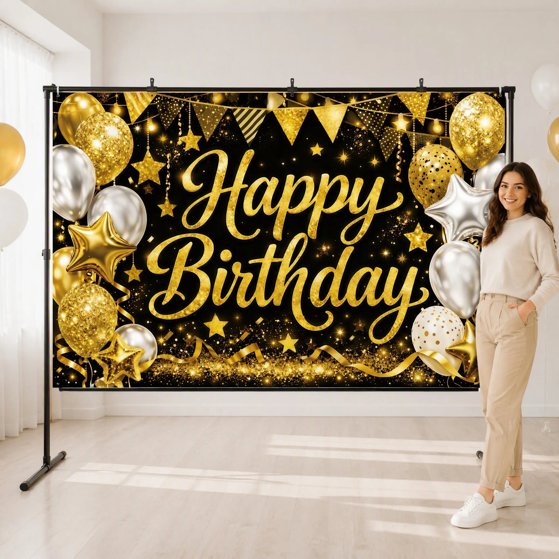 Gold and Silver Backdrop Size Reference with Person