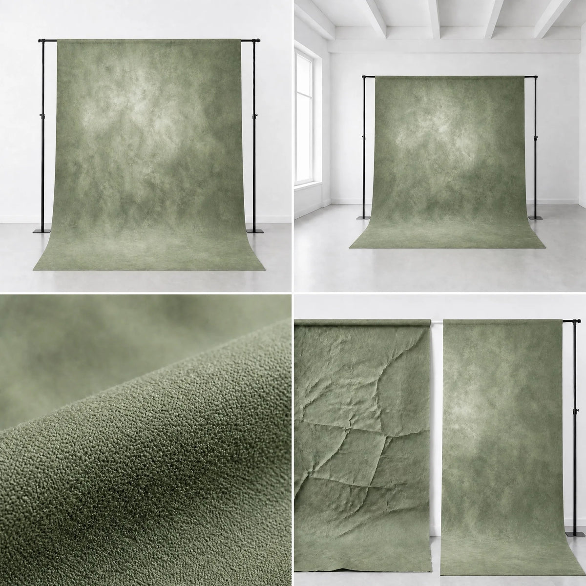 Sage green concrete microfiber backdrop comparison - studio scene, fabric texture and wrinkle resistance