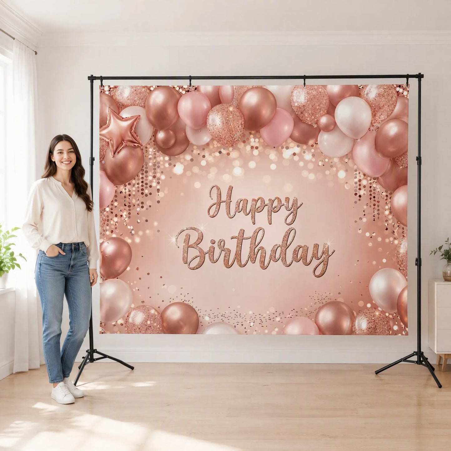 7x5ft Rose Gold Birthday Backdrop with Person for Scale Reference