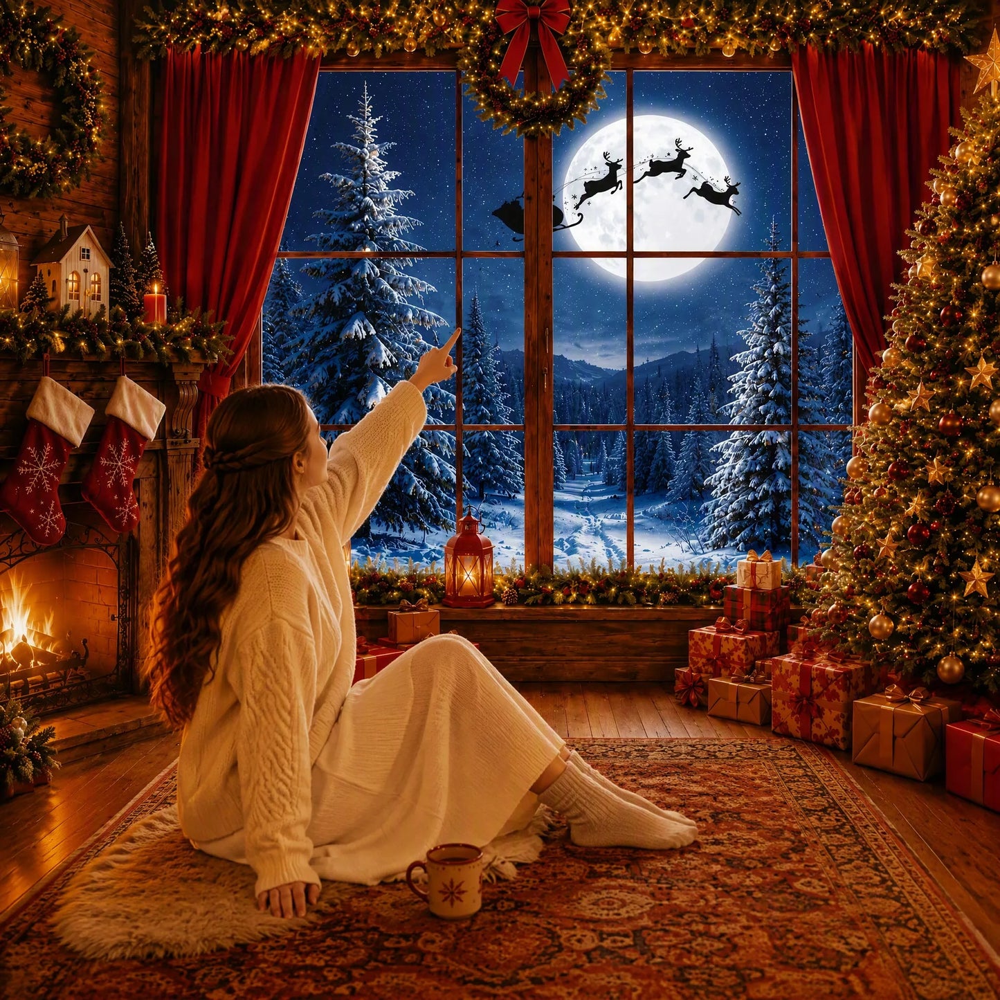 Cabin Santa Sleigh Backdrop with Model