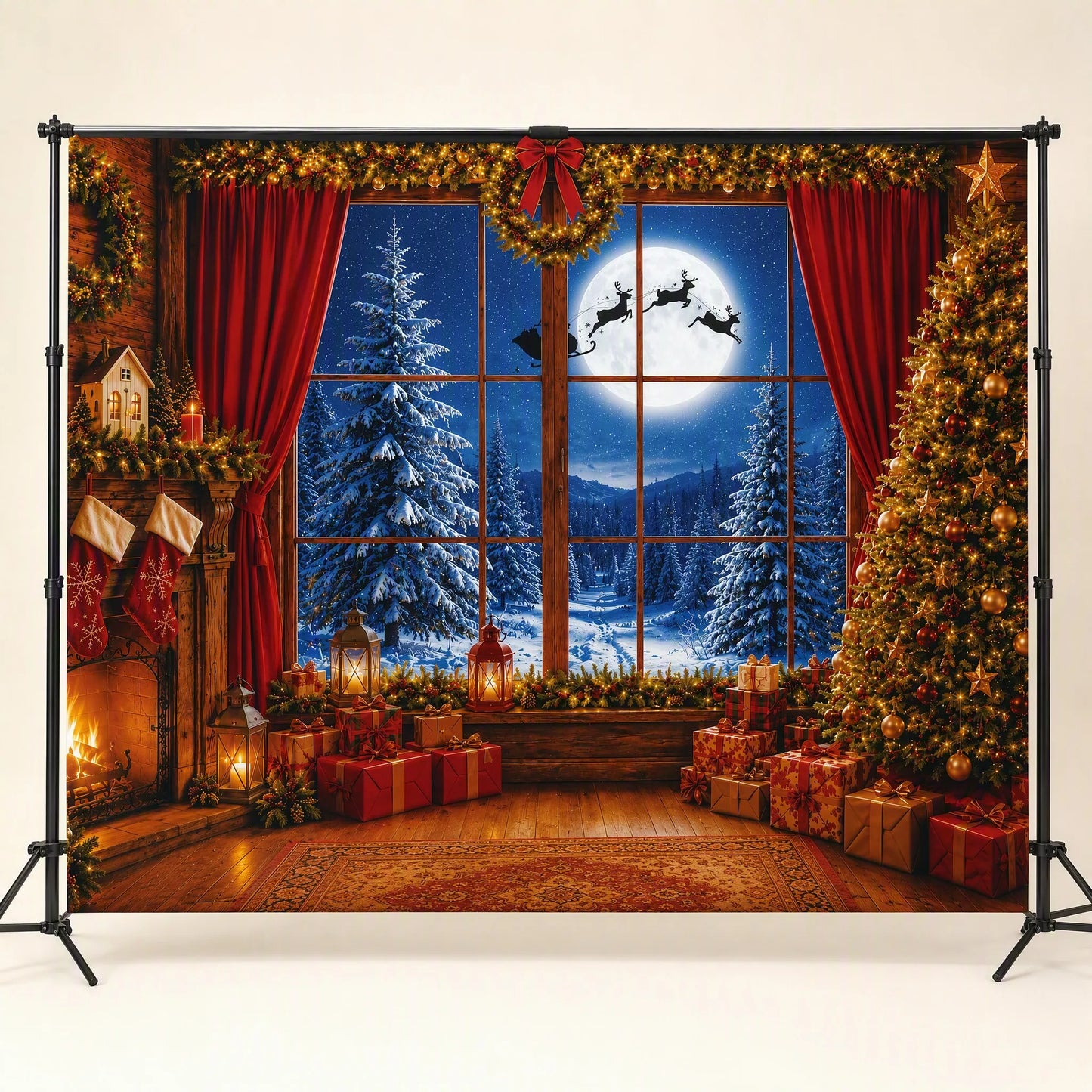 Cozy Cabin with Santa Sleigh Photo Backdrop - Christmas Window Scene | 3 Sizes