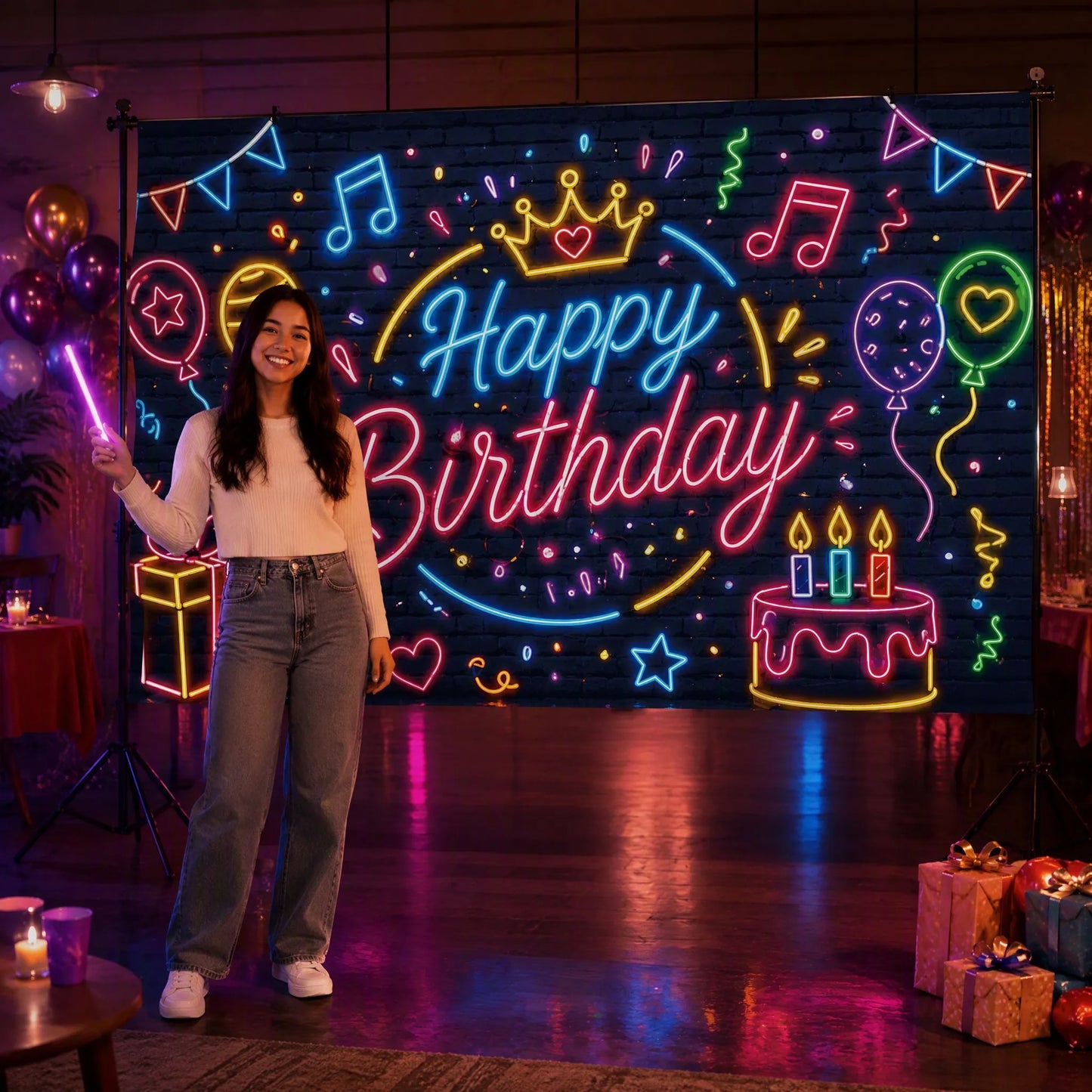 Neon Glow Birthday Backdrop with Model