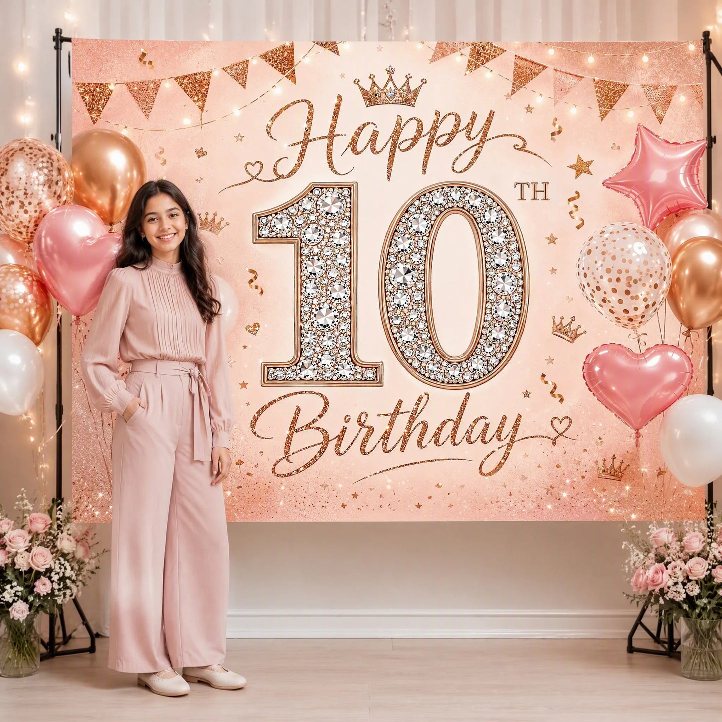10th Birthday Backdrop with Model at Party