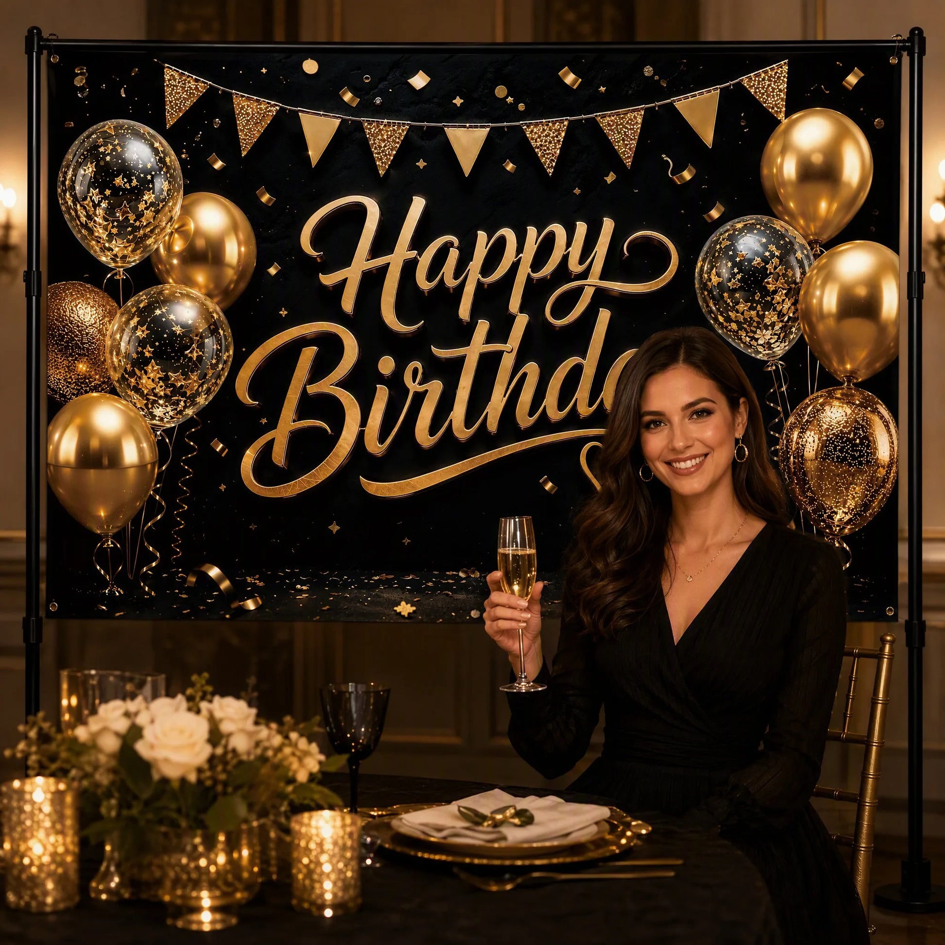 Gold Glam Backdrop with Model at Black-Tie Dinner