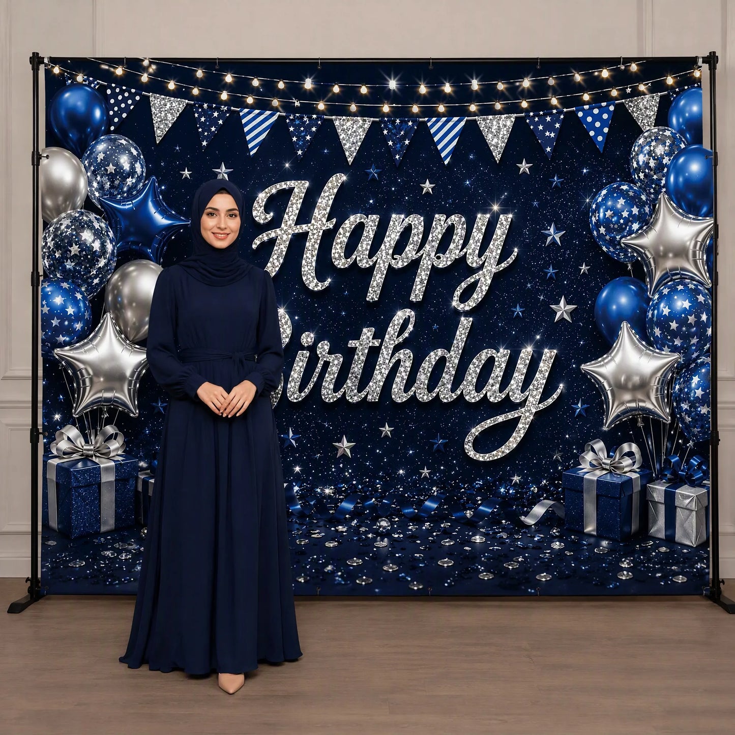 Navy Silver Starry Night Backdrop with Model