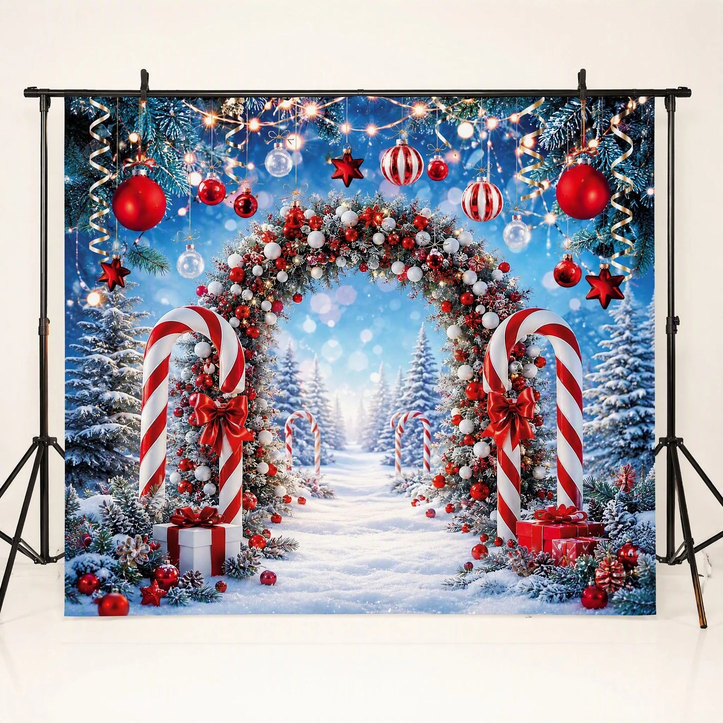 Winter Wonderland Candy Cane Photo Backdrop - Christmas Arch Scene | 3 Sizes