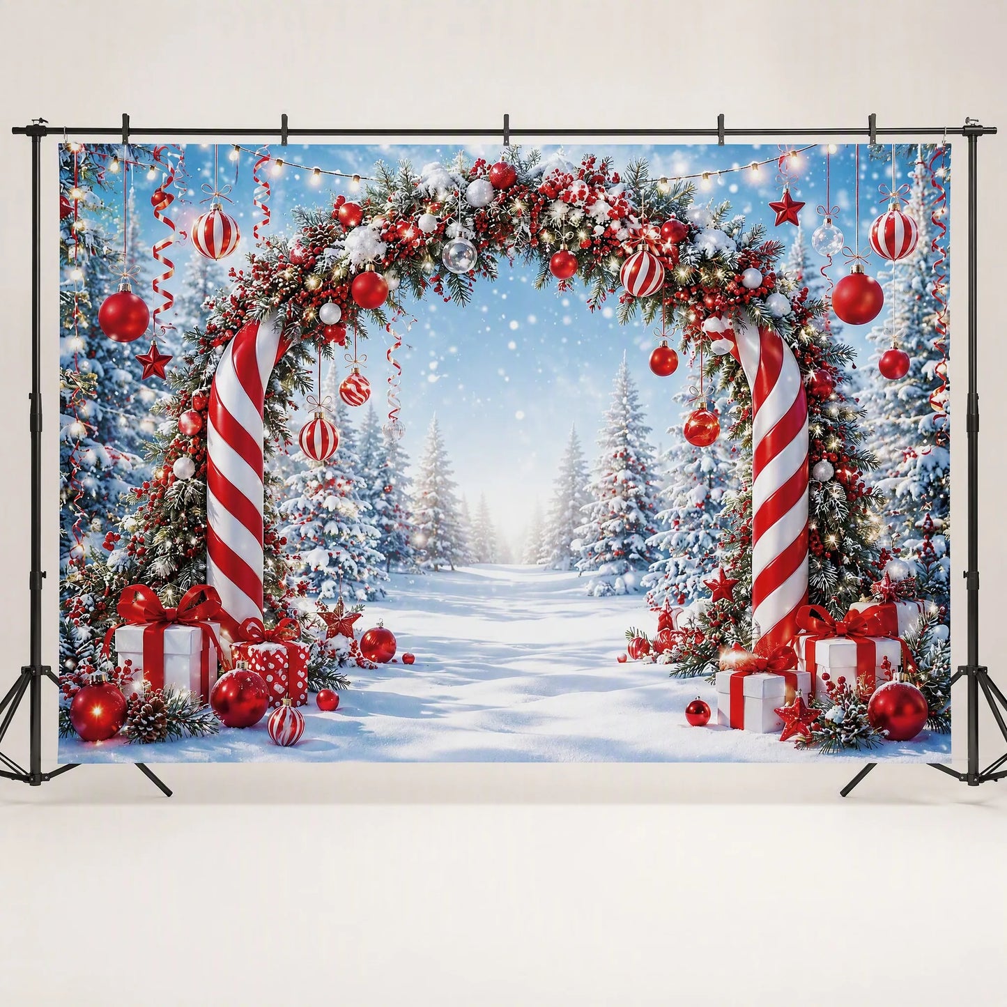 Candy Cane Wonderland Photo Backdrop - Christmas Forest Path | 3 Sizes