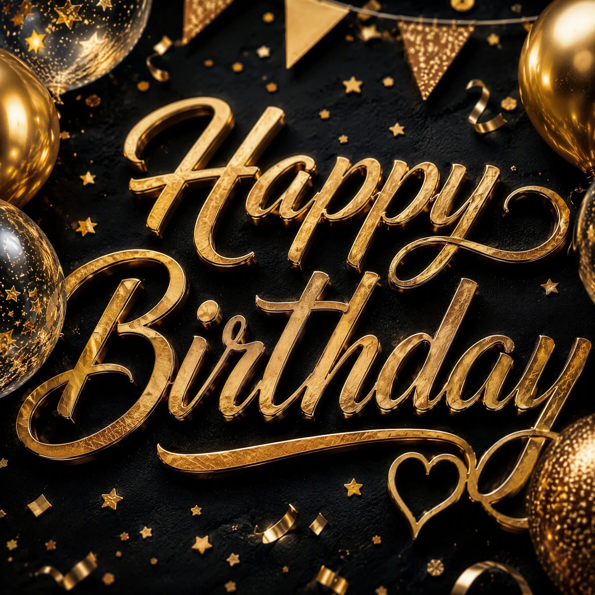 Close-up of 3D Gold Happy Birthday Text Detail