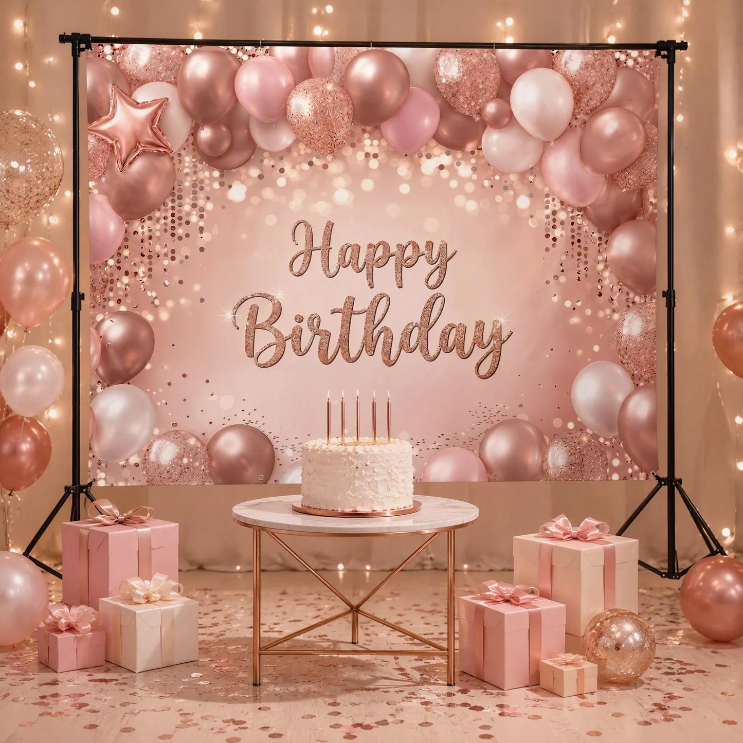Birthday Party Photo Booth Scene with Cake and Gifts
