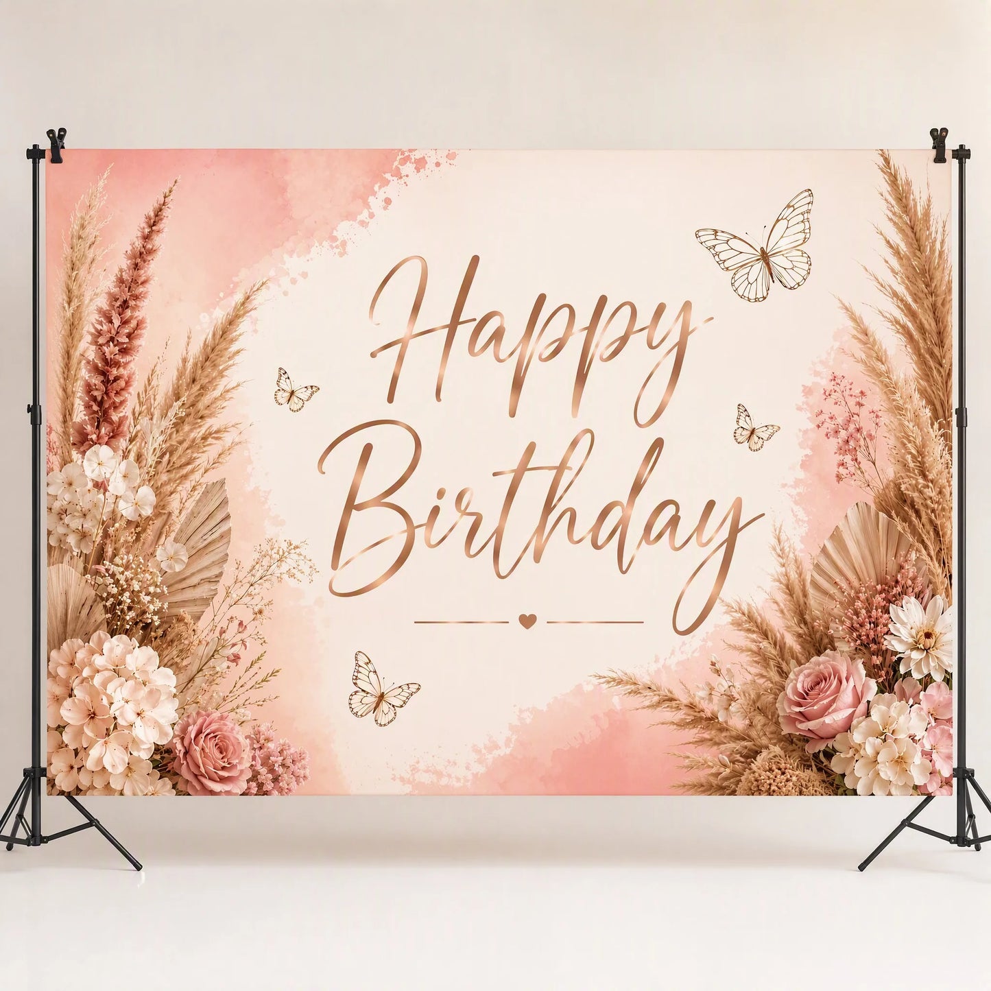 Boho Chic Pink Floral Happy Birthday Backdrop - Studio Hero