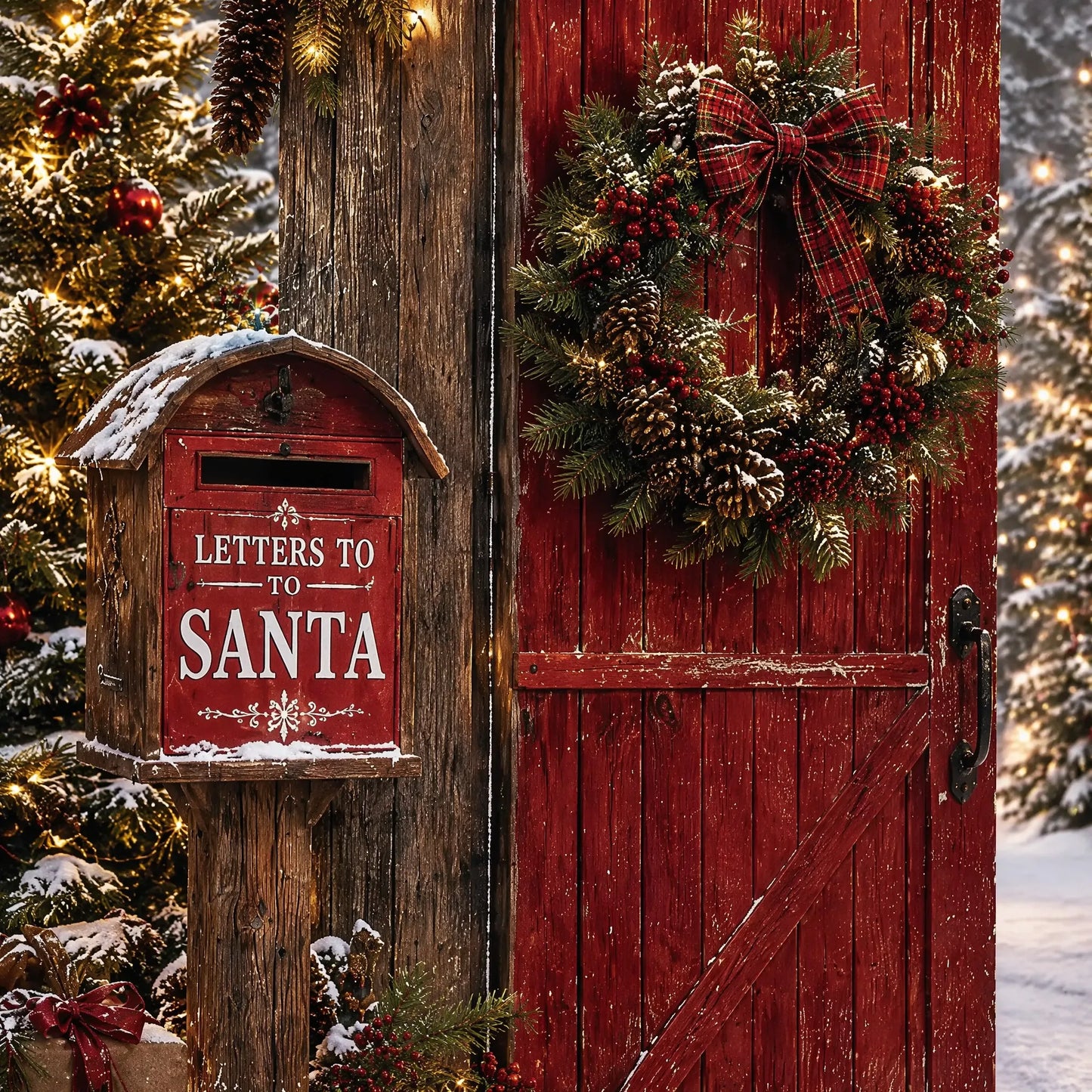 North Pole Gateway Photo Backdrop - Christmas Barn Door Scene | 3 Sizes