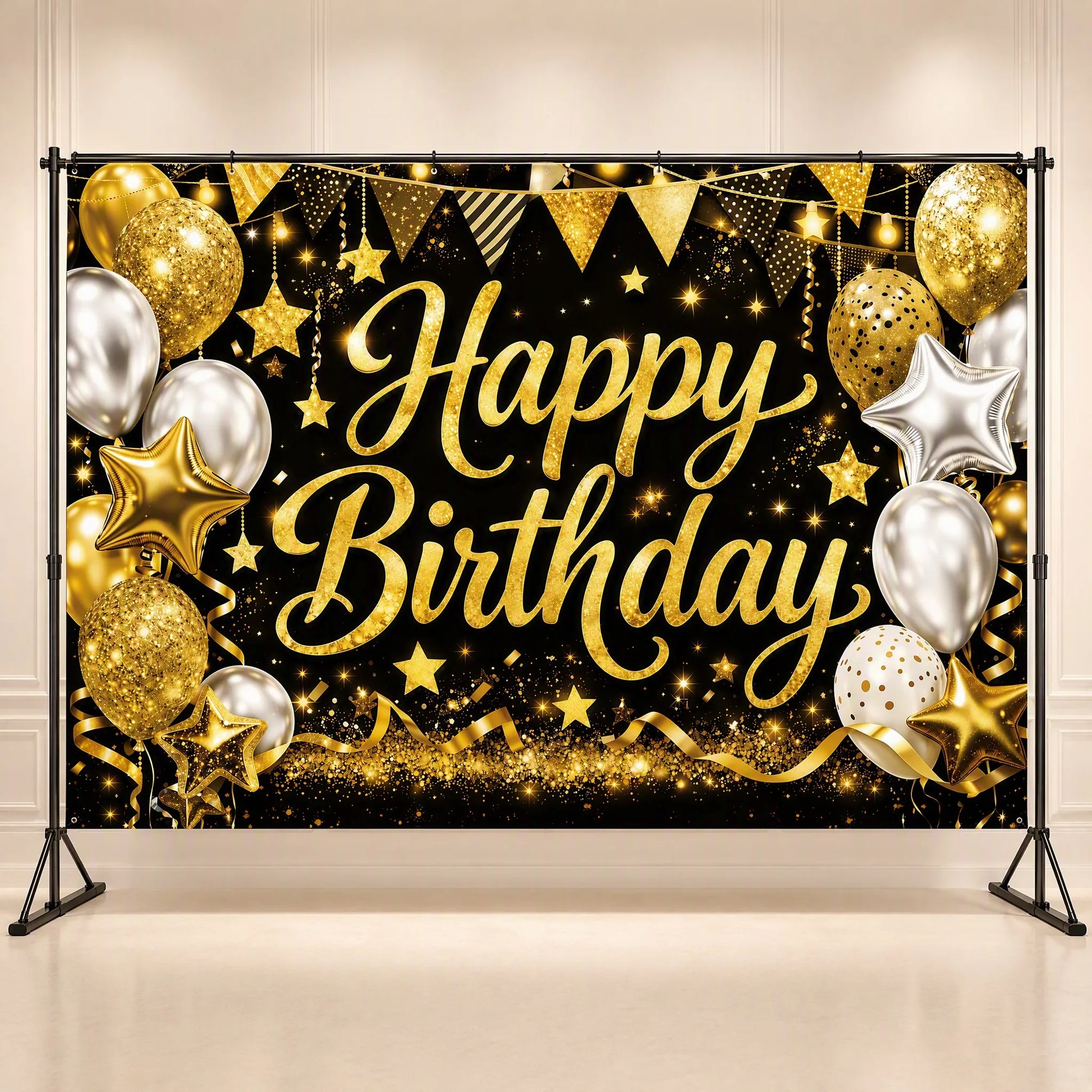 Gold and Silver Glam Happy Birthday Backdrop - Studio Hero